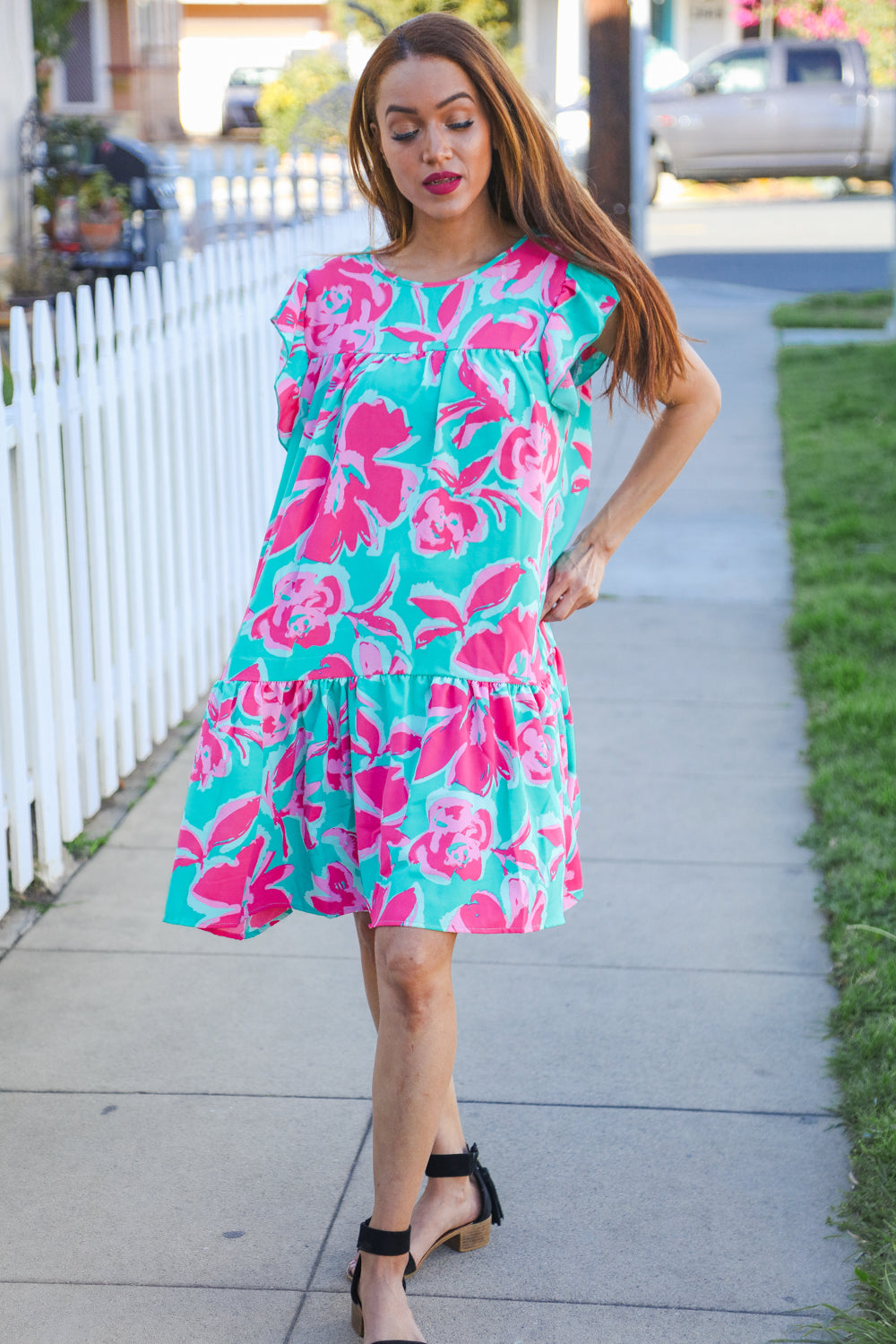 Diva Dreaming Aqua Floral Print Tiered Ruffle Sleeve Dress for Women - Elegant Summer Party Dress for Weddings, Garden Parties & Date Nights
