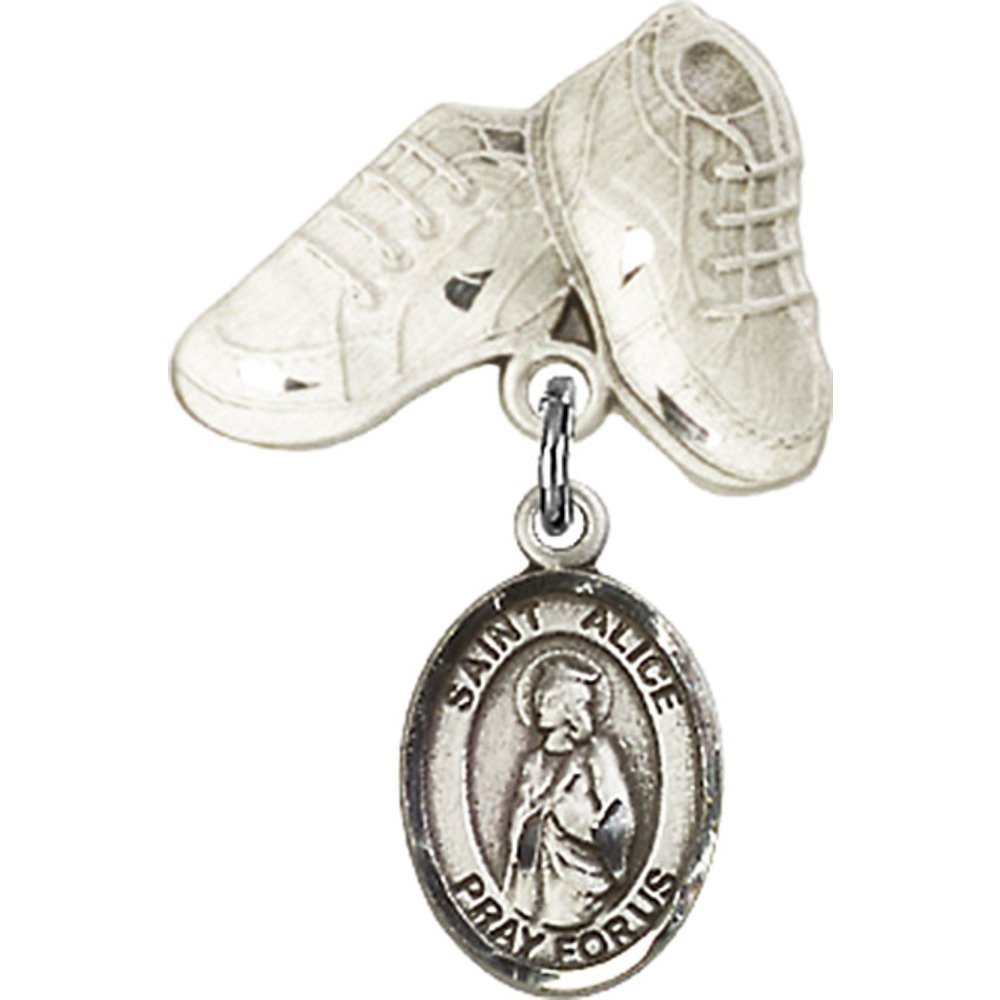 Sterling Silver Baby Badge with St. Alice Charm & Baby Boots Pin - 1 X 5/8 Inch - Perfect for Christening, Baptism, First Communion & Baby Shower Gifts