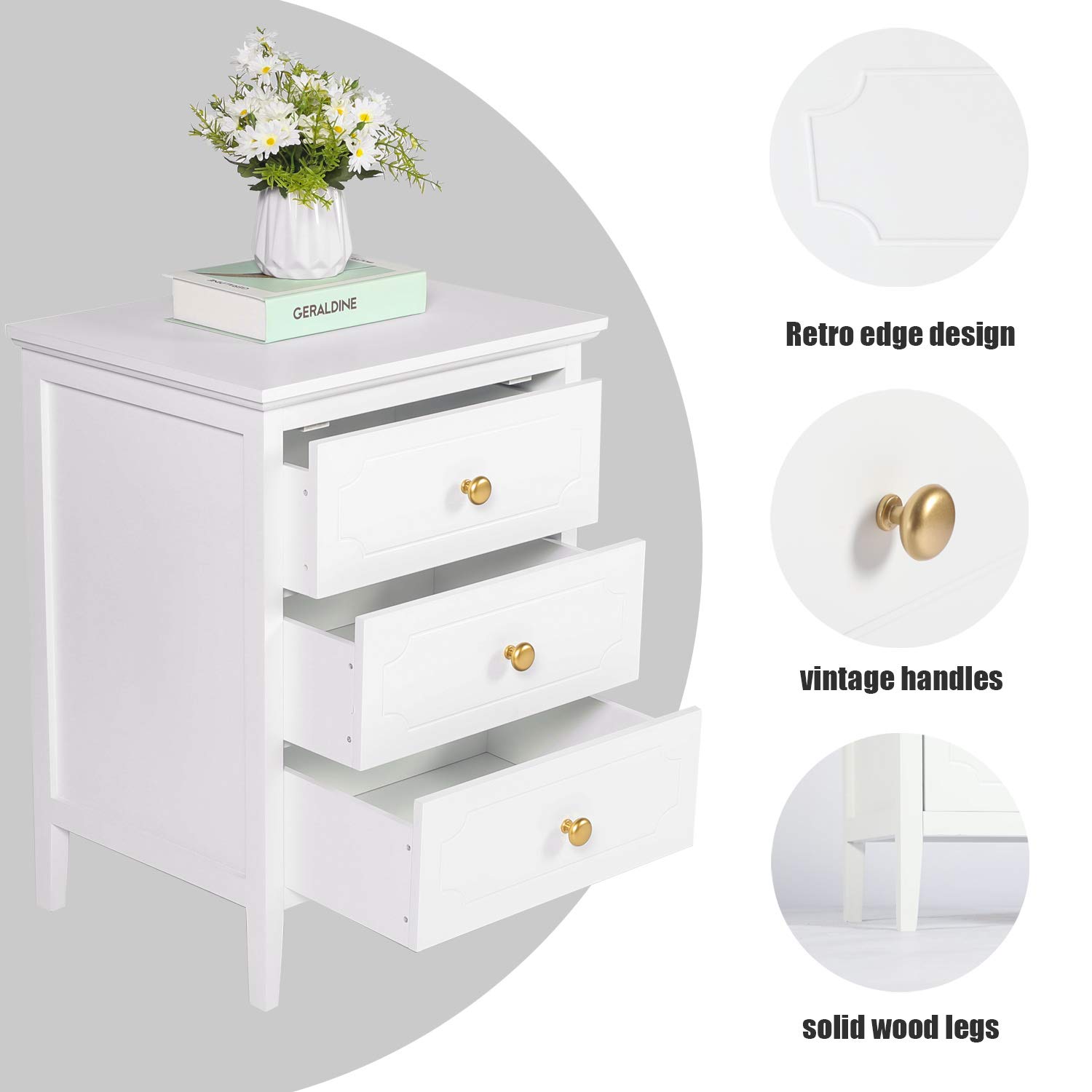 YIGOBUY White Nightstand with 3 Drawers - 18.8 Inch Bedside Table with Storage for Bedroom & Living Room - Solid Wood End Table with White Finish (Set of 2) - Perfect for Small Spaces, Apartment Decor & Guest Room Furniture