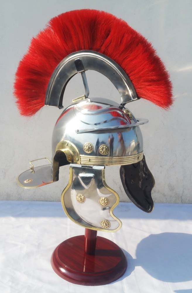 Shiv Shakti Enterprises Roman Centurion Helmet - Medieval Brass Accented Officer Helmet with Red Plume | Costume, Reenactment, Theater & Historical Display