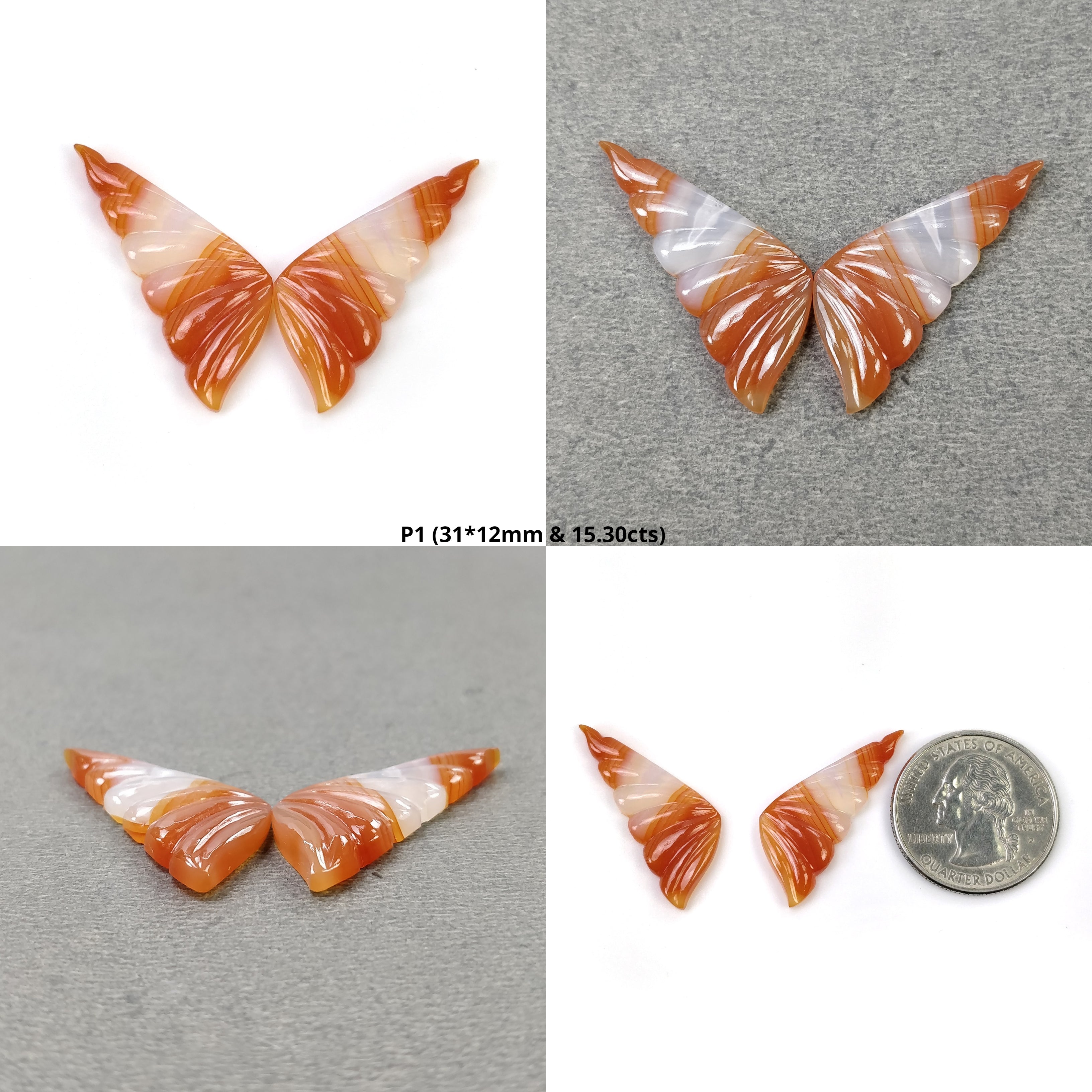Natural Untreated Botswana Striped Agate Gemstone Carving - Hand Carved Bi-Color Agate Butterfly Pendant (29x13mm & 35x13mm Pair) for Jewelry Making, Meditation & Spiritual Healing