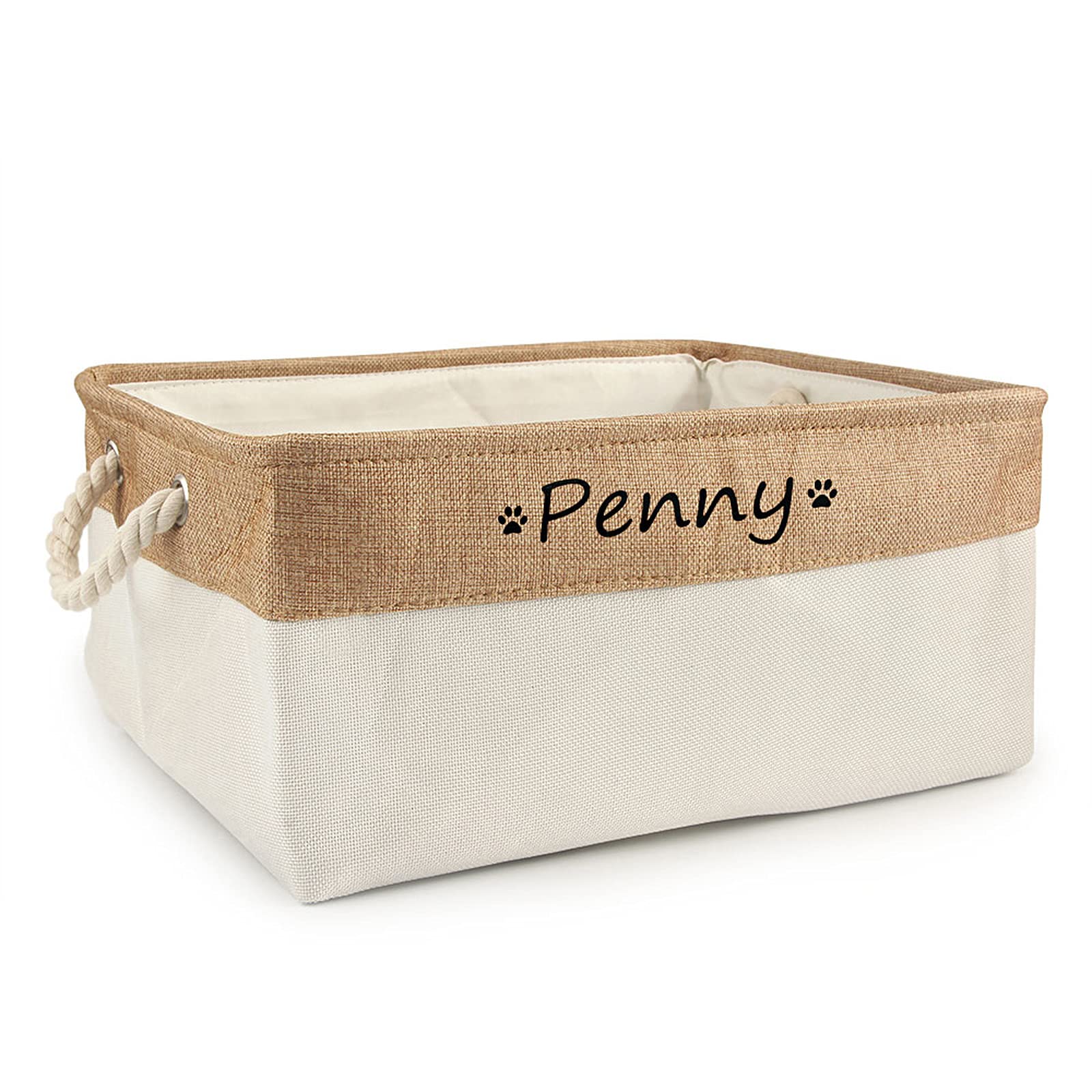 Custom Personalized Dog Toy Basket with Name - Paw Print Pet Food Storage Container & Toy Box for Small Dogs & Puppies - New Puppy Supplies (Beige, Medium 36x27x17cm) - Perfect for Pet Room Organization & Dog Gift Ideas