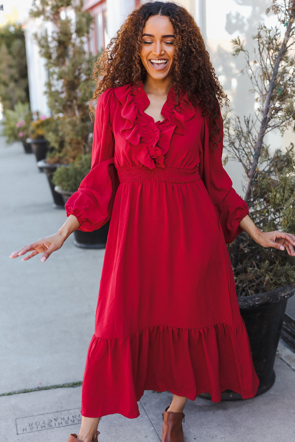 Elegant Holiday Red Overlap Ruffle V-Neck Midi Dress for Women | Christmas Party, Cocktail Event & Special Occasion Outfit
