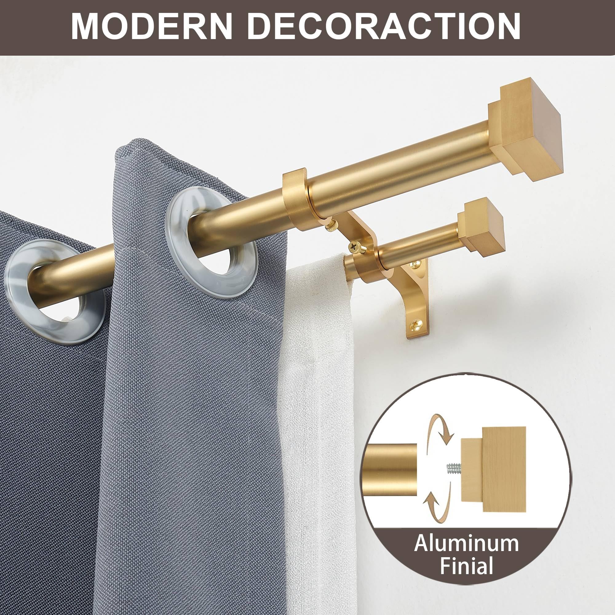 1 Inch Modern Double Window Curtain Rods - Adjustable 72-144 Inch Telescoping Heavy Duty Drapery Rod with Decorative Square Allufer Finials - Brushed Gold Finish for Living Room, Bedroom & Home Decor