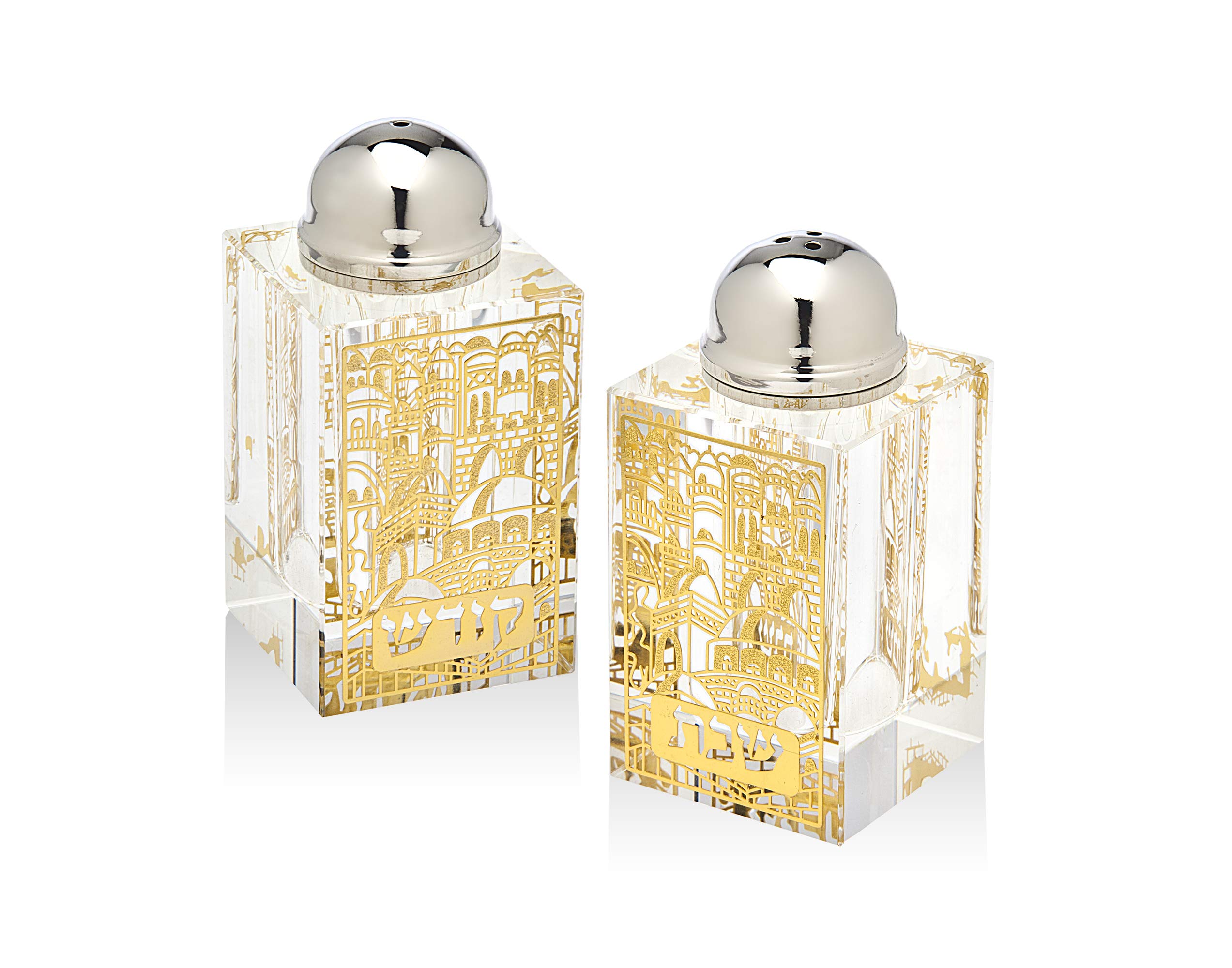Godinger Jerusalem Sabbath Salt and Pepper Shaker Set - Elegant Gold & Clear Crystal Spice Dispensers (Set of 2) | Perfect for Jewish Holidays, Dinner Parties & Kitchen Decor