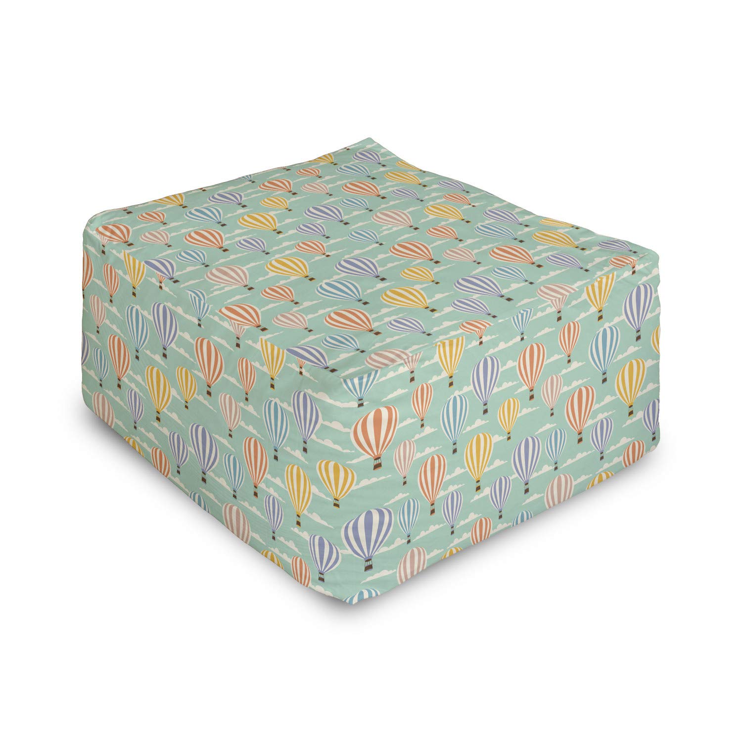Ambesonne Vintage Rectangle Pouf Ottoman - Colorful Retro Travel Balloons Design with Cloud Blue Sky Adventure Modern Art - 25 Inch Under Desk Foot Stool for Living Room & Office - Blue Orange Purple - Perfect for Home Decor, Reading Nook & Lounge Areas