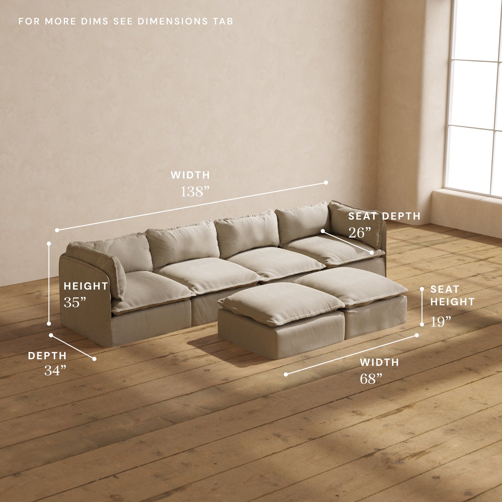 Premium Modular Performance 4-Seater Sofa with Bench Ottoman in Dune Color | Deluxe Blend Fabric | Perfect for Living Room, Family Room & Home Theater Seating