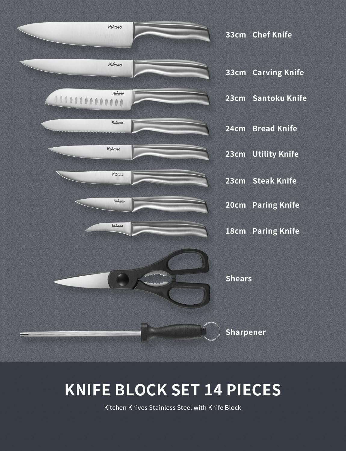 Yabano 16-Piece German High-Carbon Stainless Steel Knife Set with Wooden Block - Includes Chef Knife, Steak Knives, Meat Scissors & Sharpener | Perfect for Home Kitchen, Professional Cooking & Meat Preparation