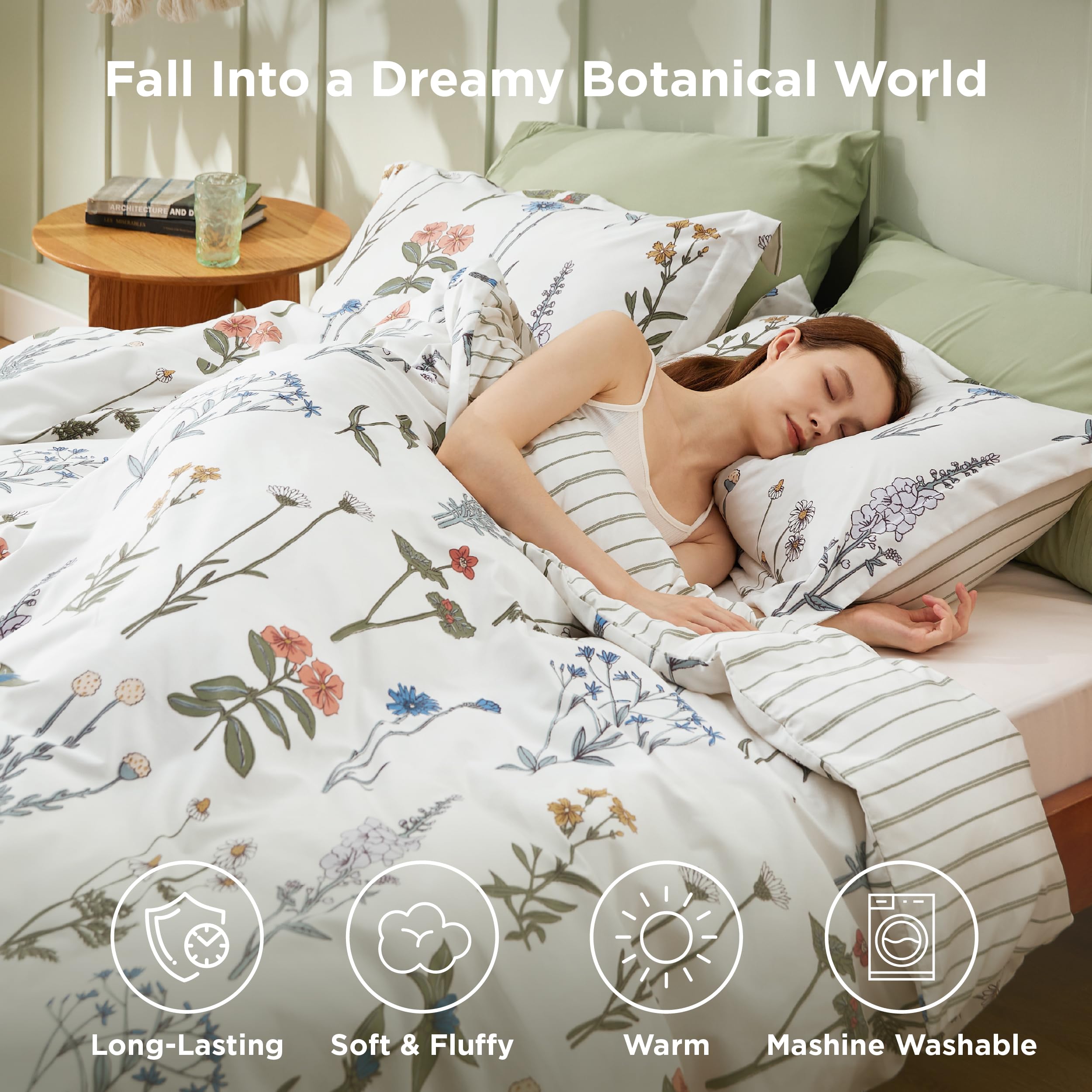 Bedsure Queen Size Comforter Set - 3 Piece Soft Reversible Floral Bedding with Coconut White Botanical Flowers Design & 2 Pillow Shams | Perfect for Master Bedroom, Guest Room & Cozy Home Decor