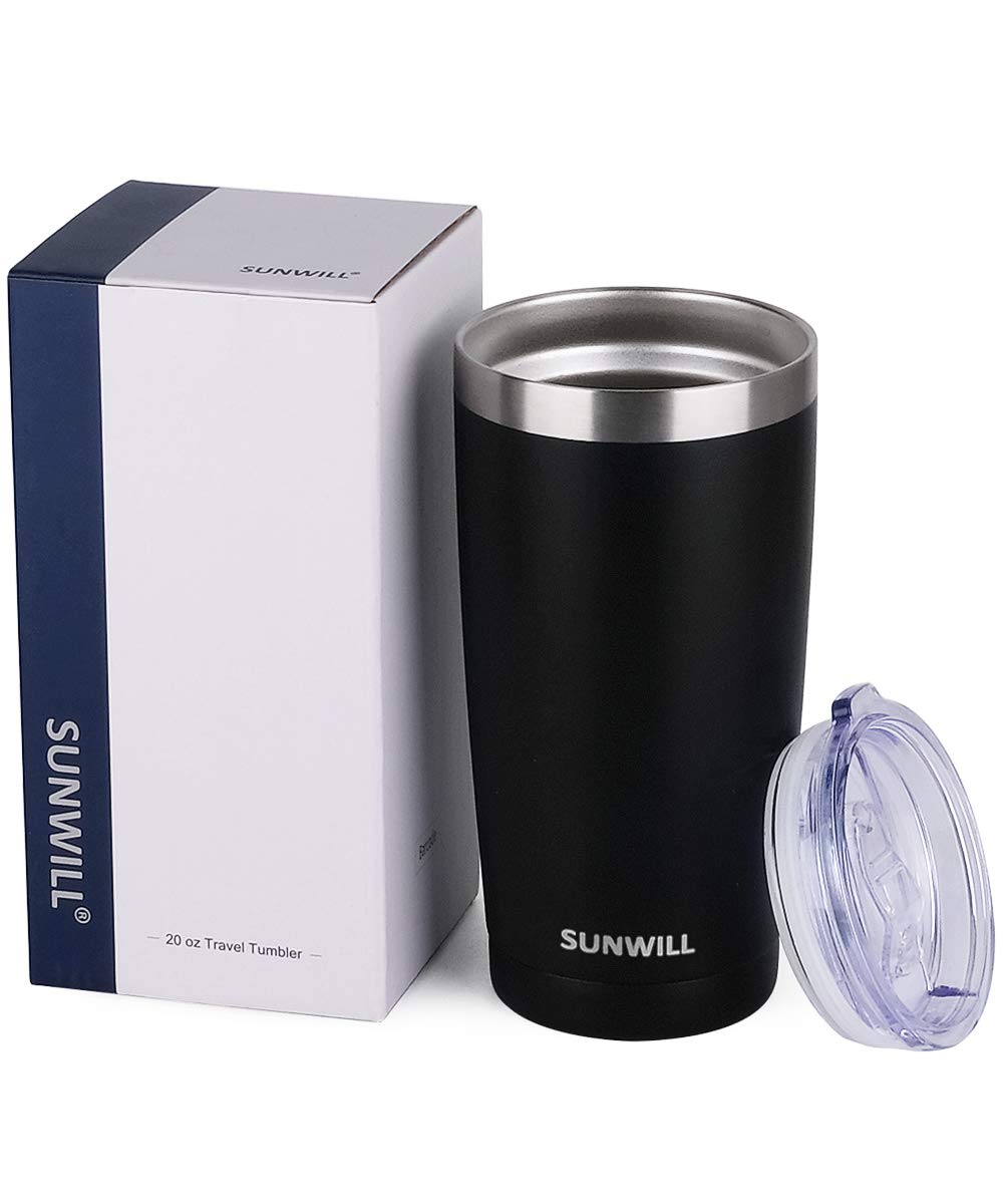 SUNWILL 20 oz Insulated Stainless Steel Travel Coffee Tumbler with Lid - Powder Coated Black - Leakproof Hot & Cold Mug for Camping, Office, Commute, and Outdoor Activities