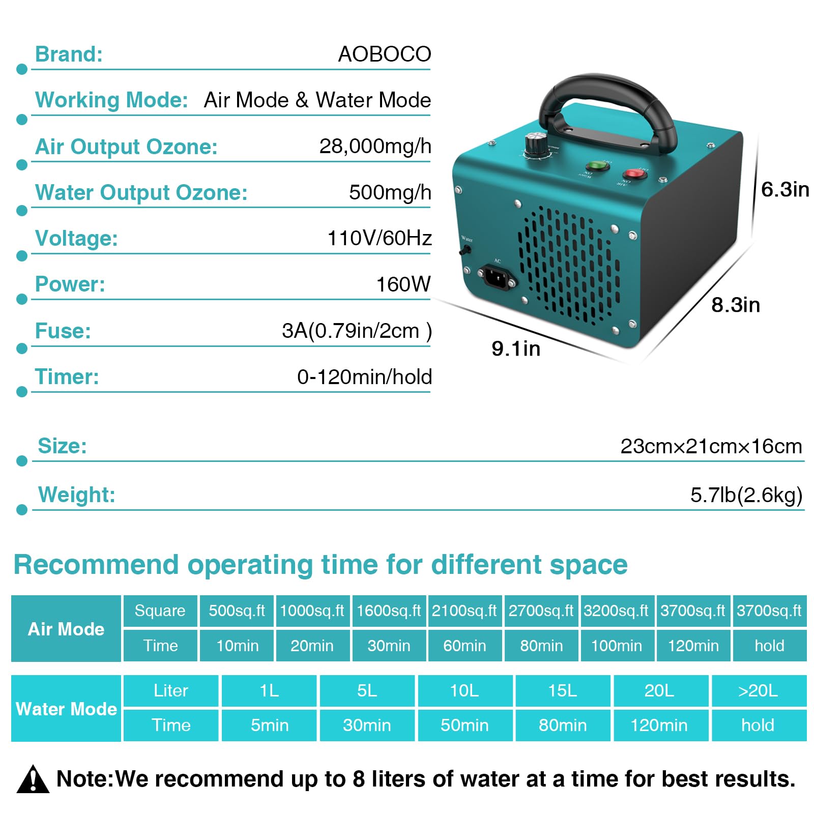 AOBOCO 28,000mg/h High Capacity Ozone Generator with Air & Water Purification - Industrial & Home Use for Car Detailing, House Cleaning, Pet Odor Removal, and Water Treatment (Ideal for Hotels, Gyms, and Office Spaces)