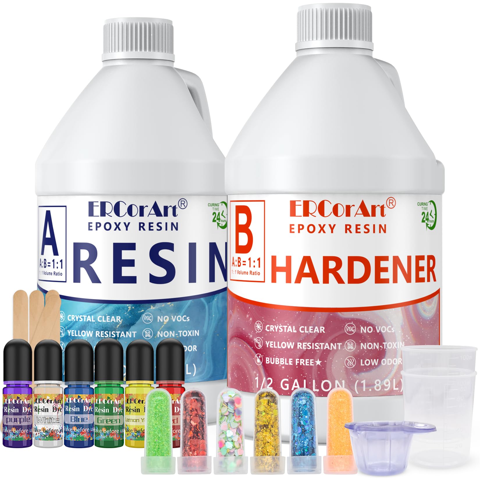 1 Gallon Clear Epoxy Resin Kit with Pigment & Glitter - Self-Leveling 1:1 Casting Resin & Hardener for River Tables, Jewelry Making, Mold Casting - Perfect for DIY Art Projects, Home Decor, and Crafting Supplies