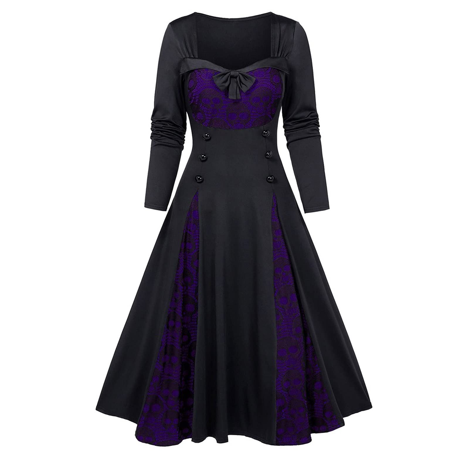 SHOPESSA Plus Size Women's Crewneck Long Sleeve Skull Print Pleated Dress - Gothic Halloween Costume & Retro Fashion Outfit for Parties, Cosplay and Everyday Wear