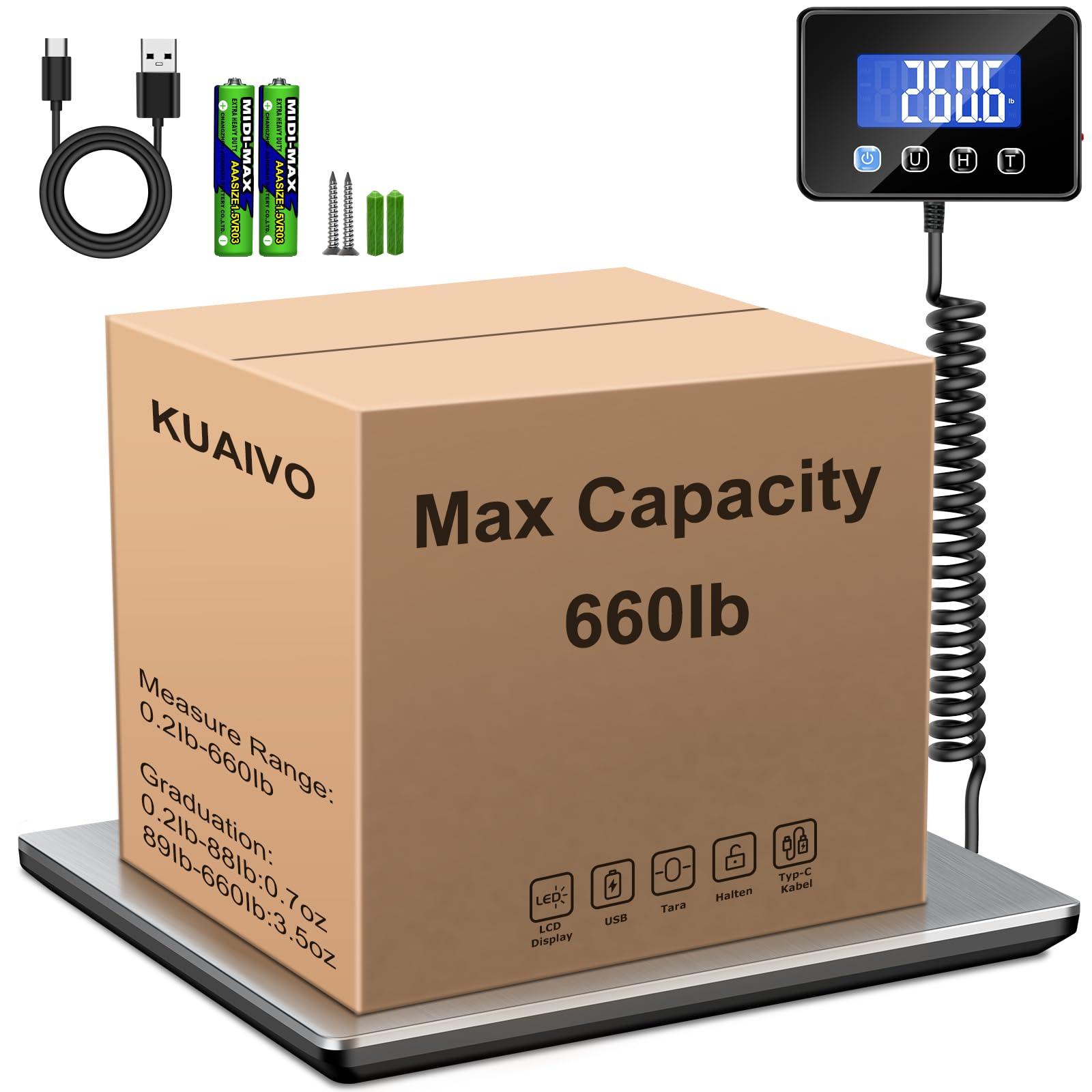 Heavy Duty Digital Shipping Scale 660lbs - High Precision 0.35oz Postal Scale for Packages, Small Business & Home Use - Includes Battery & Charging Cable - Perfect for E-commerce, Warehouses & Luggage Weighing