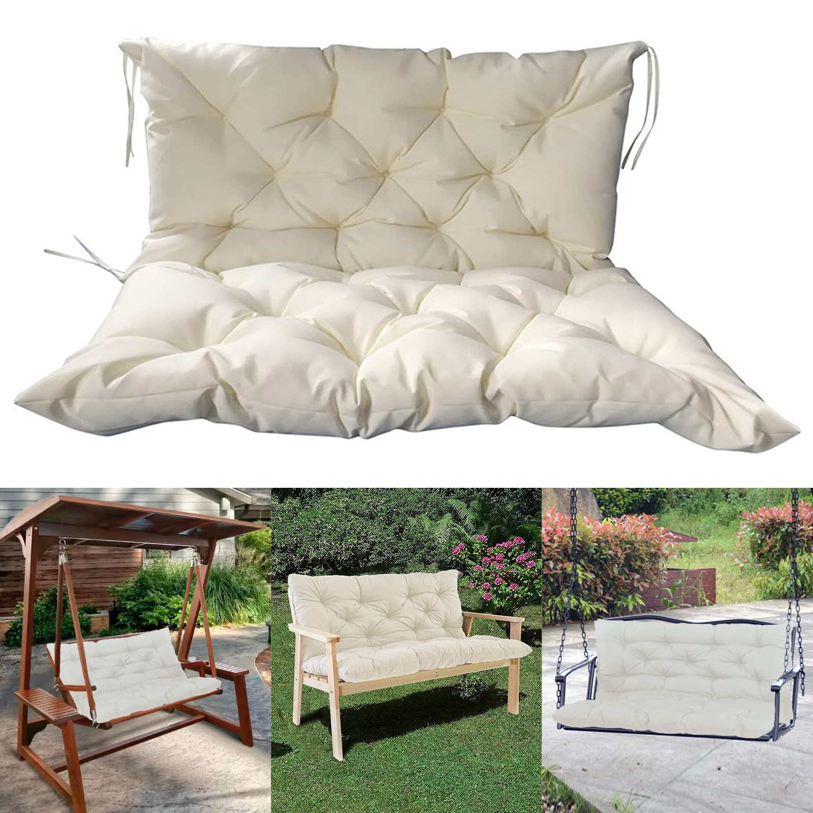 Waterproof Outdoor Swing Replacement Cushions with Backrest & Ties - 3-Seater Non-Slip Overstuffed Bench Cushion for Patio, Garden, Porch Furniture (59.05