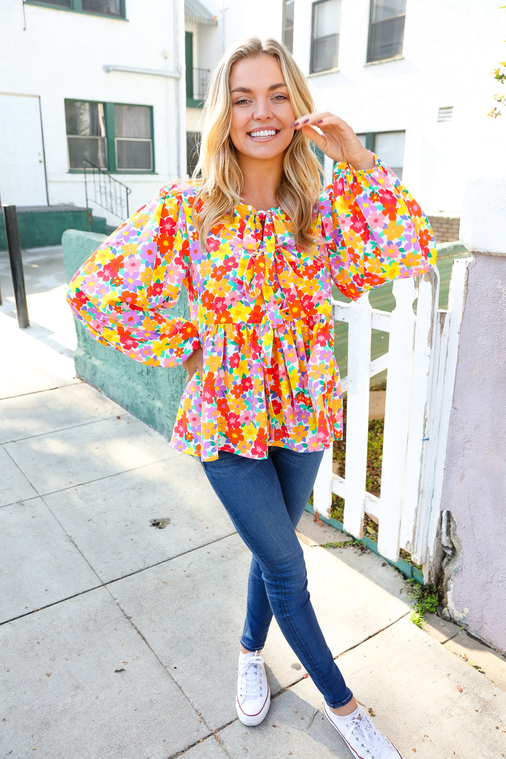 Chasing Dreams Floral Babydoll Top with Ribbon Tie Bow & Puff Elastic Sleeves | Women's Romantic Blouse for Date Night & Spring Outfits