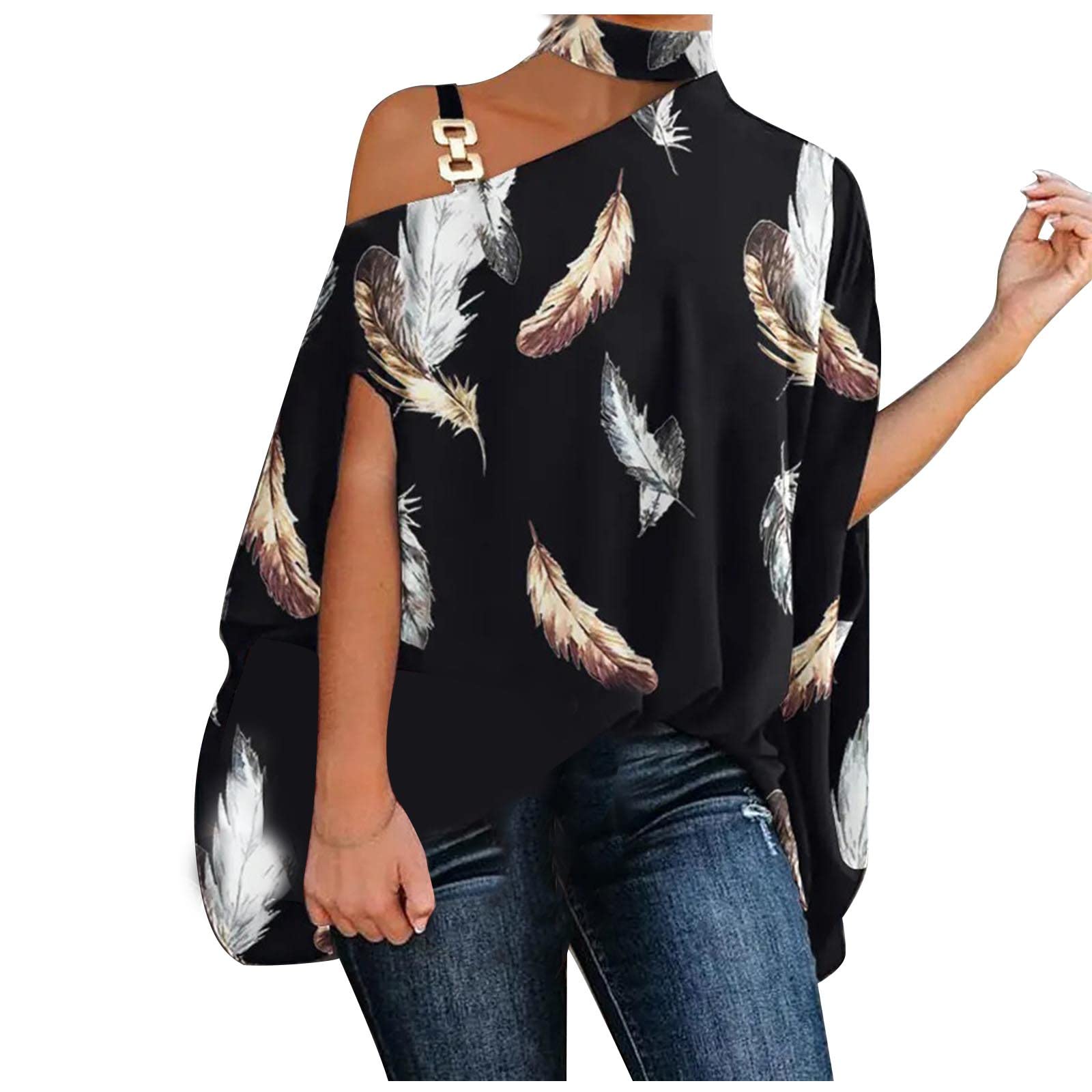 Women's Sexy One Shoulder Halter Feather Tops - Loose Fit Bat Sleeve Tunic Blouses for Summer 2022 | Casual Going Out Shirts for Parties, Dates & Beach Vacations