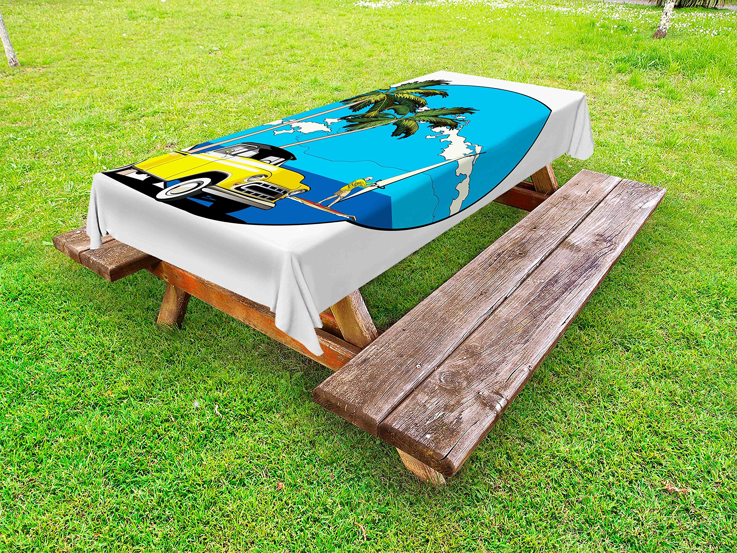 Ambesonne Retro Outdoor Tablecloth - Vintage Chevy Car & Sailor Ocean Graphic Design, Washable Picnic Table Cover 58x104 Inches - Perfect for Beach Parties, BBQs, and Outdoor Dining