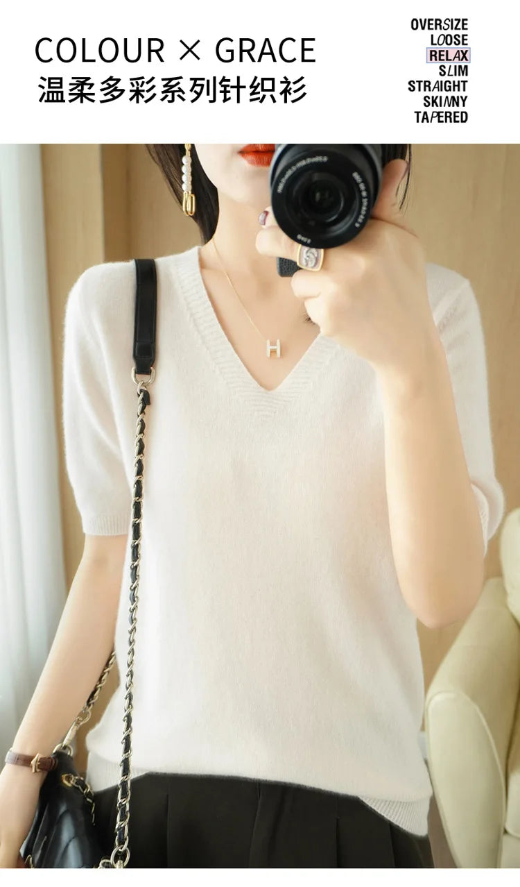 Solid Color V-Neck Half-Sleeve Cashmere Sweater for Women - Soft Thin Knit Casual Top for Office Wear & Fall Layering