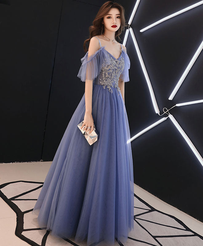 Elegant Blue V-Neck Tulle Lace Long Prom Dress | Formal Evening Gown for Women | Perfect for Homecoming, Ball, Wedding & Special Occasions