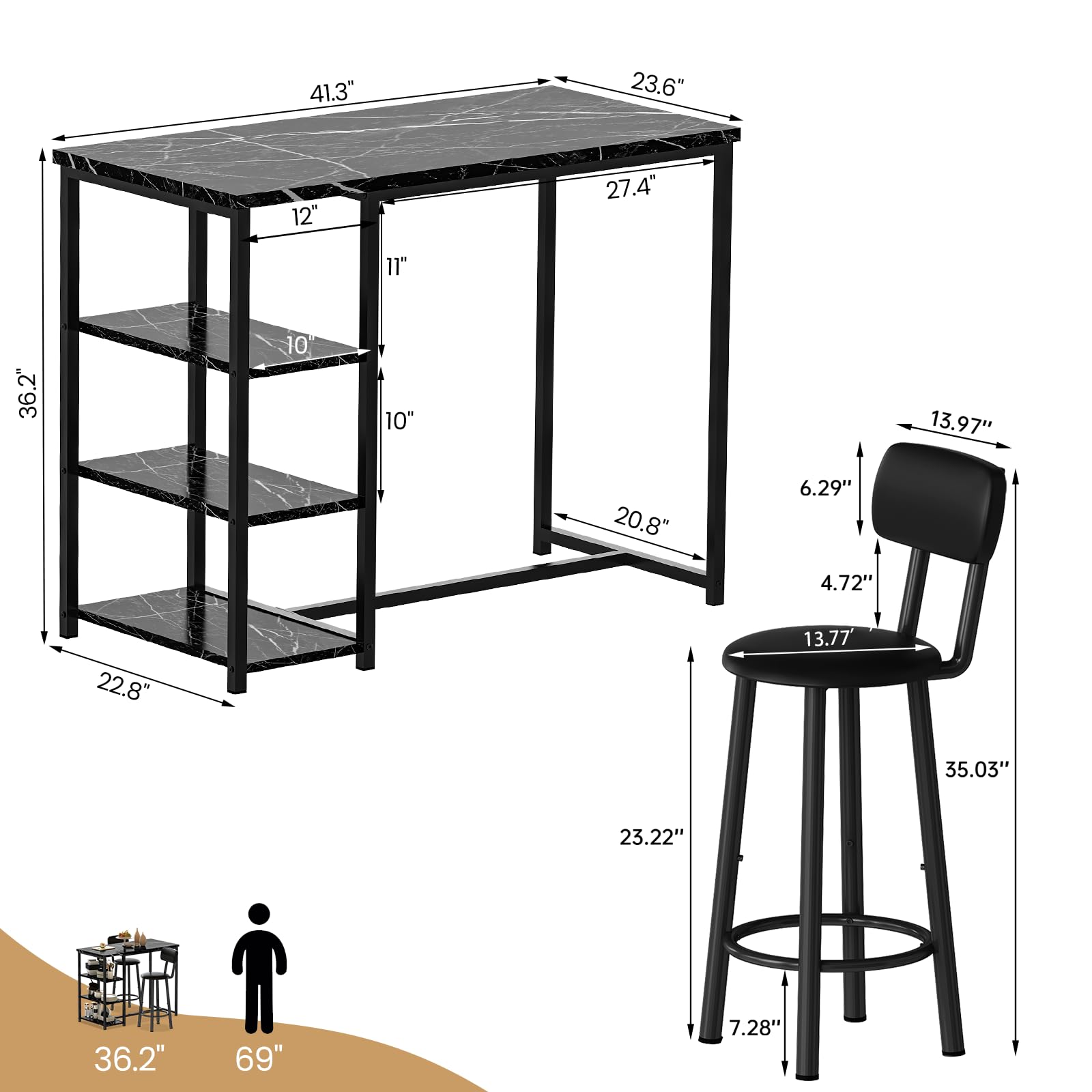 2-Piece Counter Height Pub Table Set with 2 PU Leather Bar Stools & 3 Storage Shelves - Small Space Dining Solution for Kitchen, Bar or Apartment | Perfect for Entertaining, Breakfast Nook & Compact Living Spaces