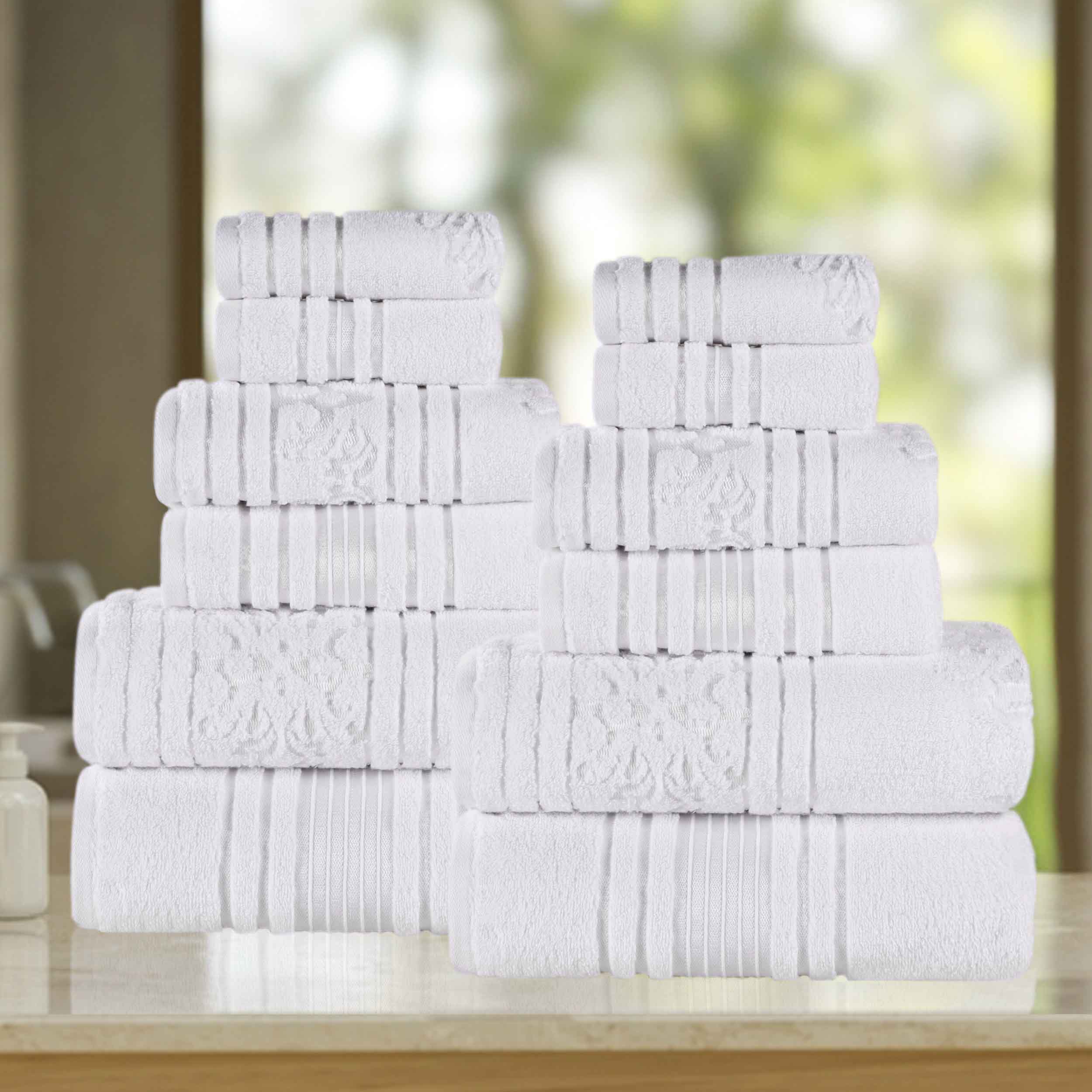 Premium 12-Piece Sadie Zero Twist Cotton Towel Set - Solid & Jacquard Floral Designs | Ultra Soft, Absorbent Bath & Beach Towels for Spa, Pool, Gym & Home Use