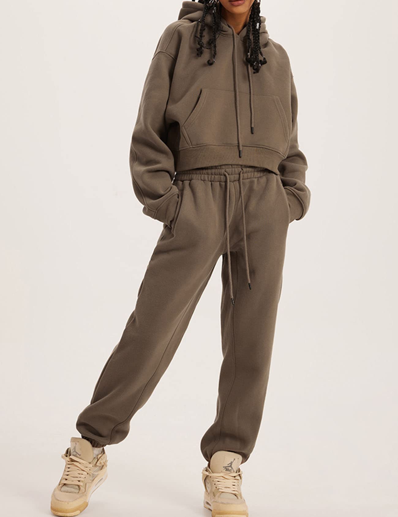 CozyPoins Women's Fleece 2-Piece Sweatsuit Set - Soft Crop Top & Jogger Pants with Hoodie | Comfy Lounge Wear for Home, Gym & Outdoor Activities