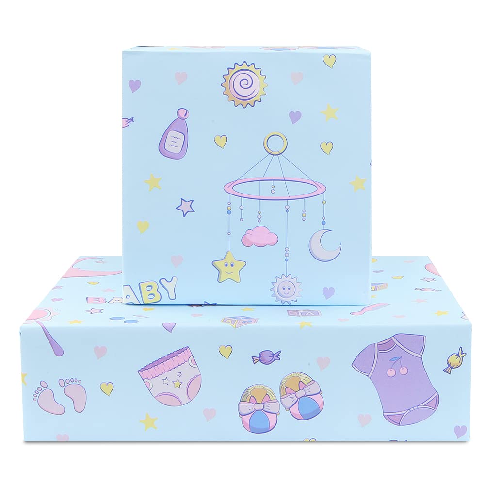 Baby Boy Wrapping Paper - 4 Sheets Blue Cartoon Print with Moon Footprint Design | Perfect for Baby Showers, Newborn Gifts, Toddler Birthdays & Christmas Parties | Great for Diaper Gifts, Romper Presents & Sleeping Accessories
