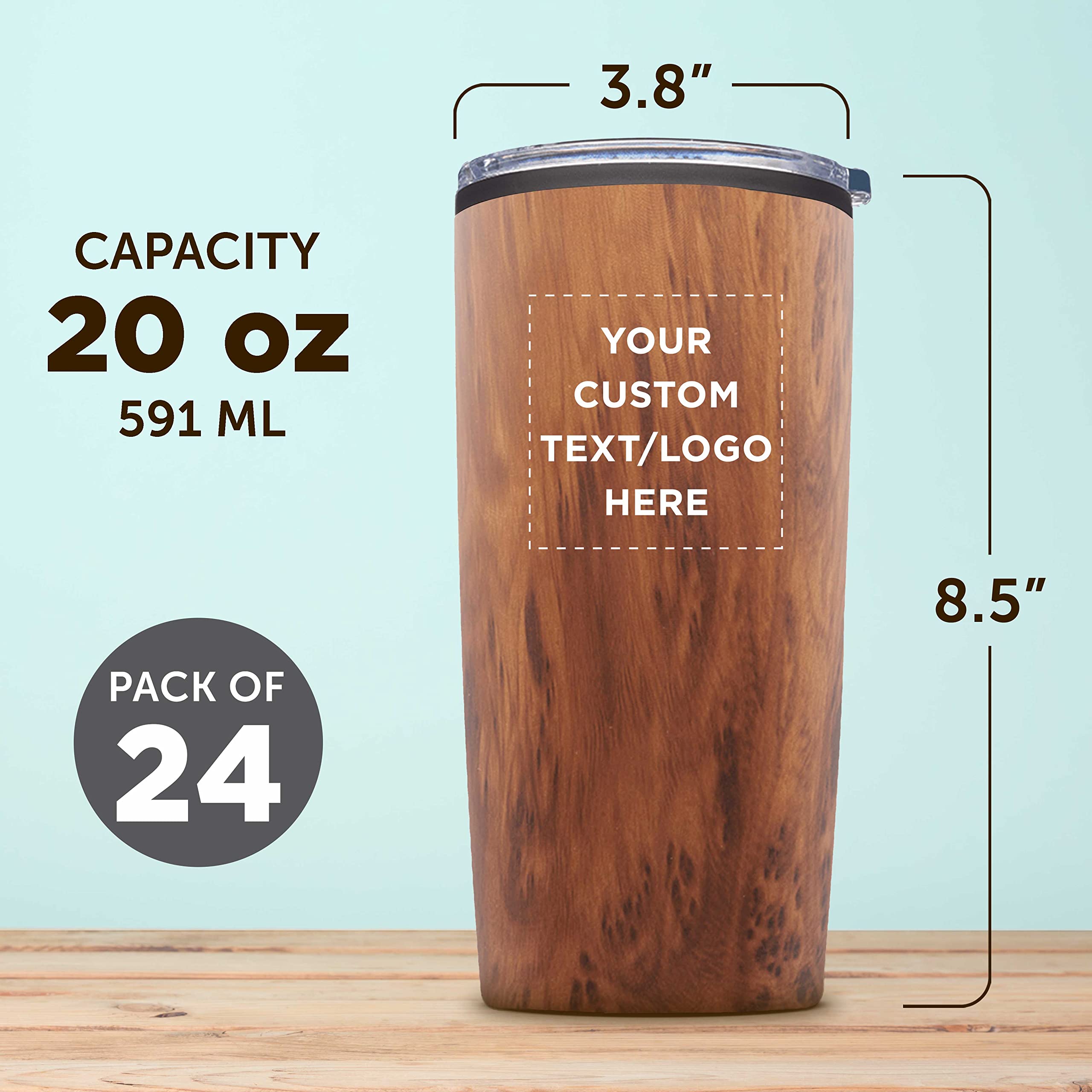 24-Pack Custom 20 oz Plastic Tumblers with Lids - Insulated Personalized Bulk Coffee Cups for Iced Drinks, Travel & Outdoor Use - Wood Grain Design