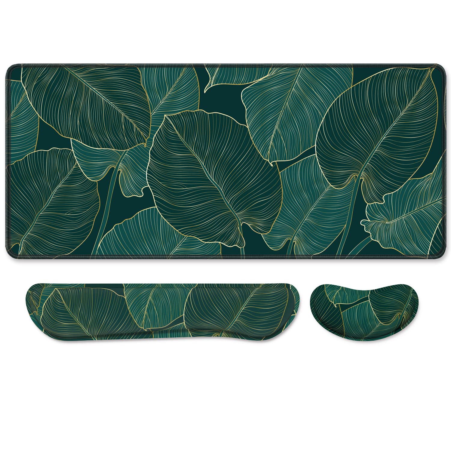Premium Ergonomic Mouse Pad Set with Wrist Support - 3-Piece Memory Foam Combo (XXL Gaming Mouse Pad + Keyboard Wrist Rest + Mouse Wrist Pad) - Comfortable Desk Accessories for Office & Gaming - Tropical Teal Palm Leaf Design for Men & Women - Perfect for Workstations, Home Offices & PC Gaming Setups