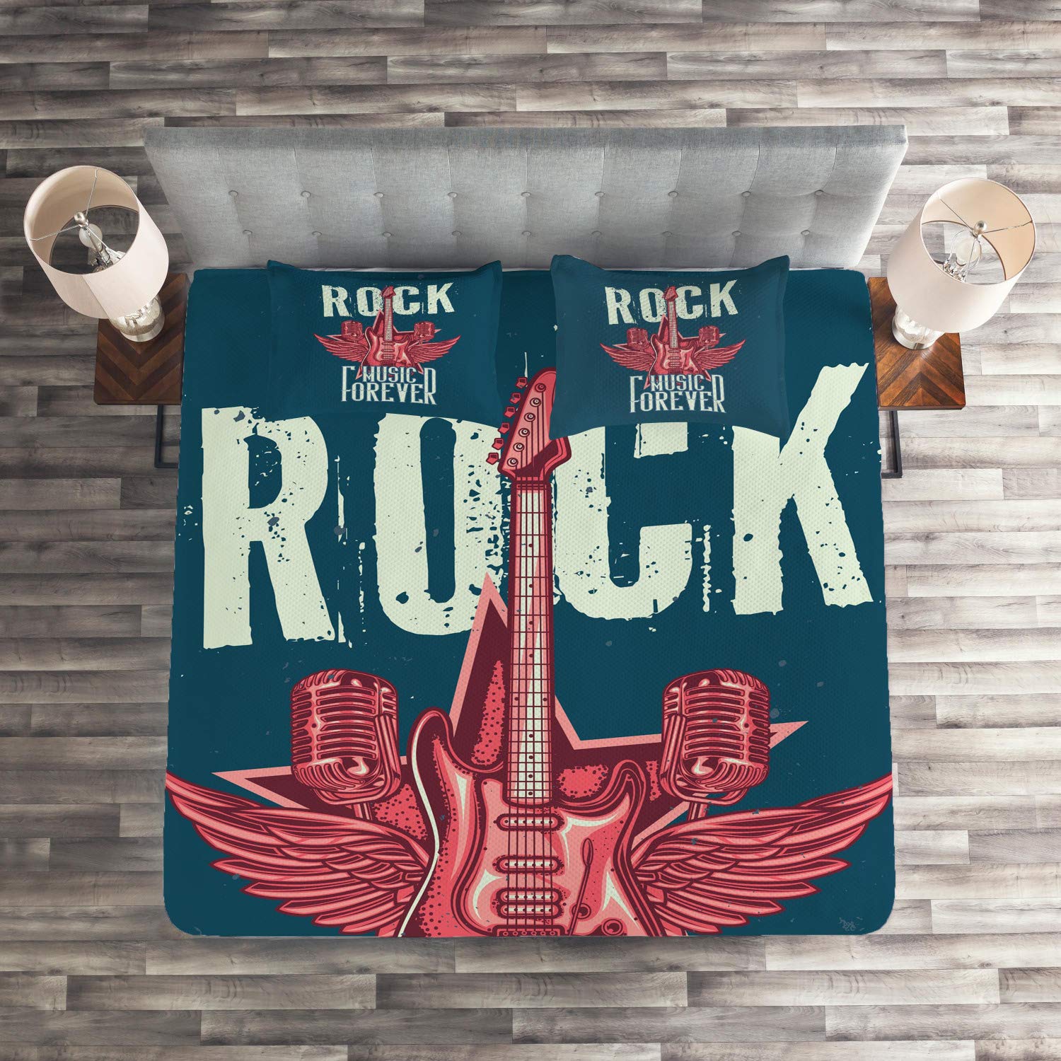 Ambesonne Rock and Roll King Size 3-Piece Quilted Bedspread Set with 2 Pillow Shams - Guitar & Microphone Wing Design in Dark Teal, Pastel Green & Coral - Perfect for Music Lovers' Bedroom Decor & Rock Theme Parties