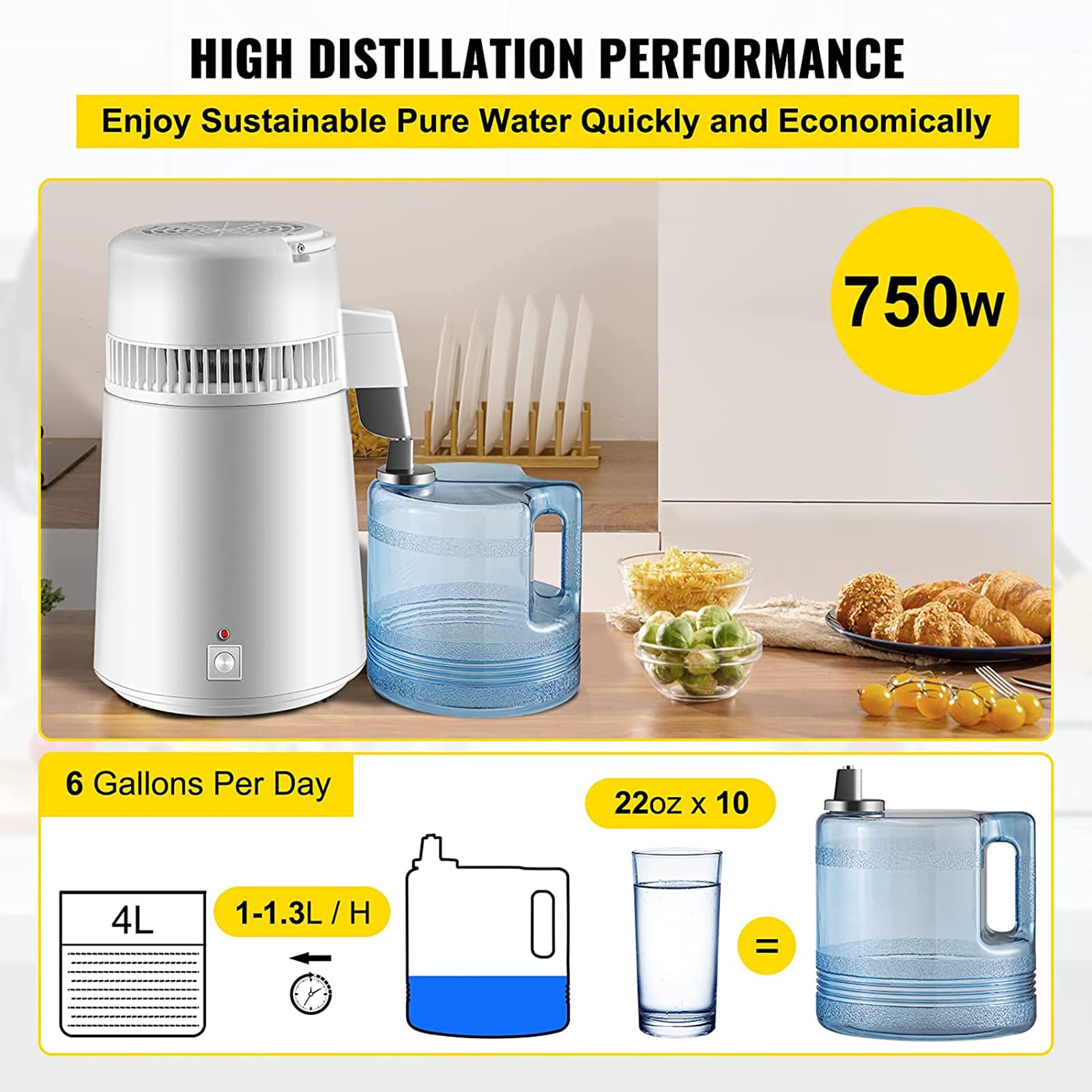 750W Pure Water Distiller 4L/1.05Gal - Stainless Steel Water Purification System with Collection Bottle - Perfect for Home, Lab, and Emergency Preparedness