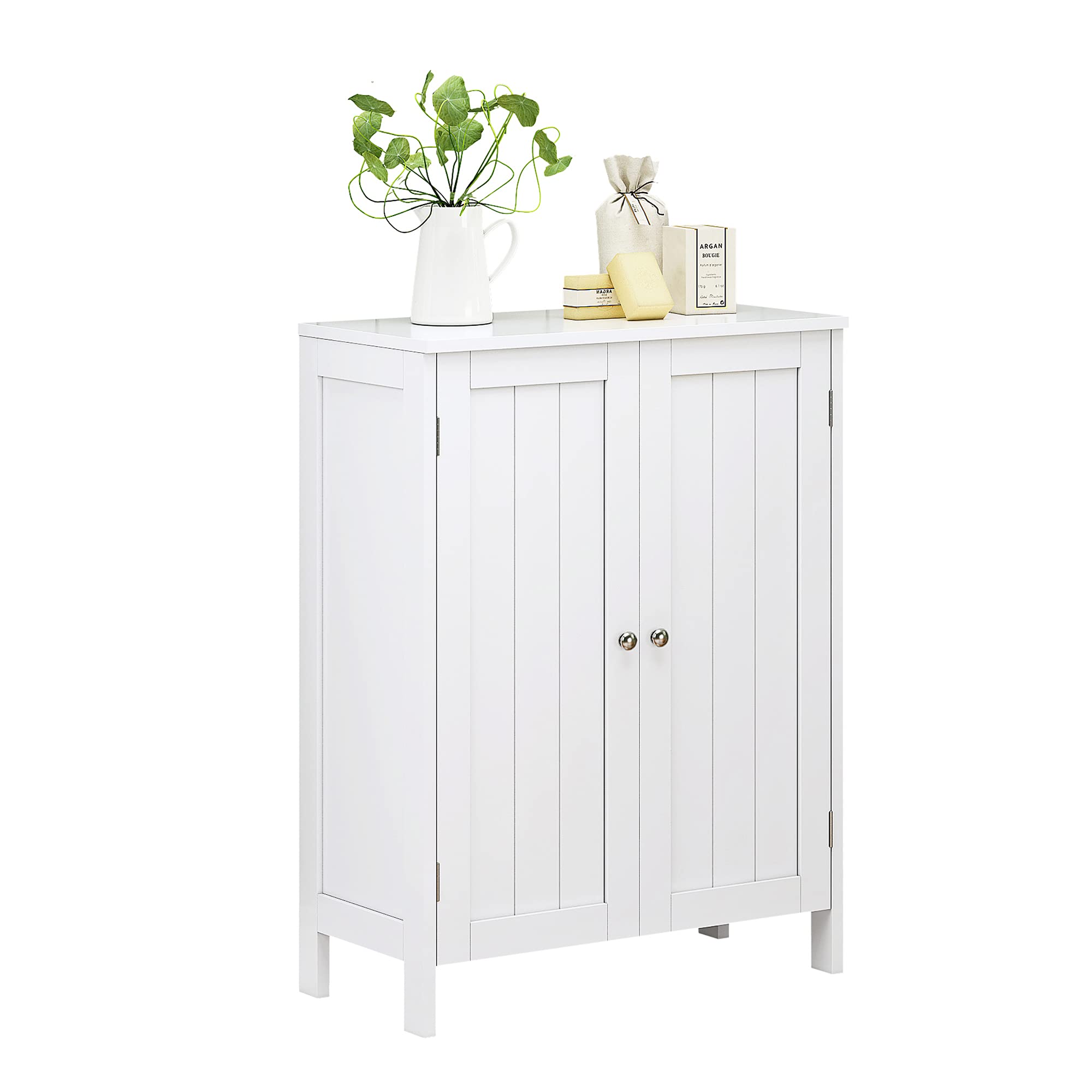 White Free-Standing Storage Cabinet with Adjustable Shelves & Double Doors - Wooden Bathroom Floor Cabinet for Shoes, Towels & Organizing - Perfect for Bathroom, Bedroom, Entryway & Living Room Storage Solutions
