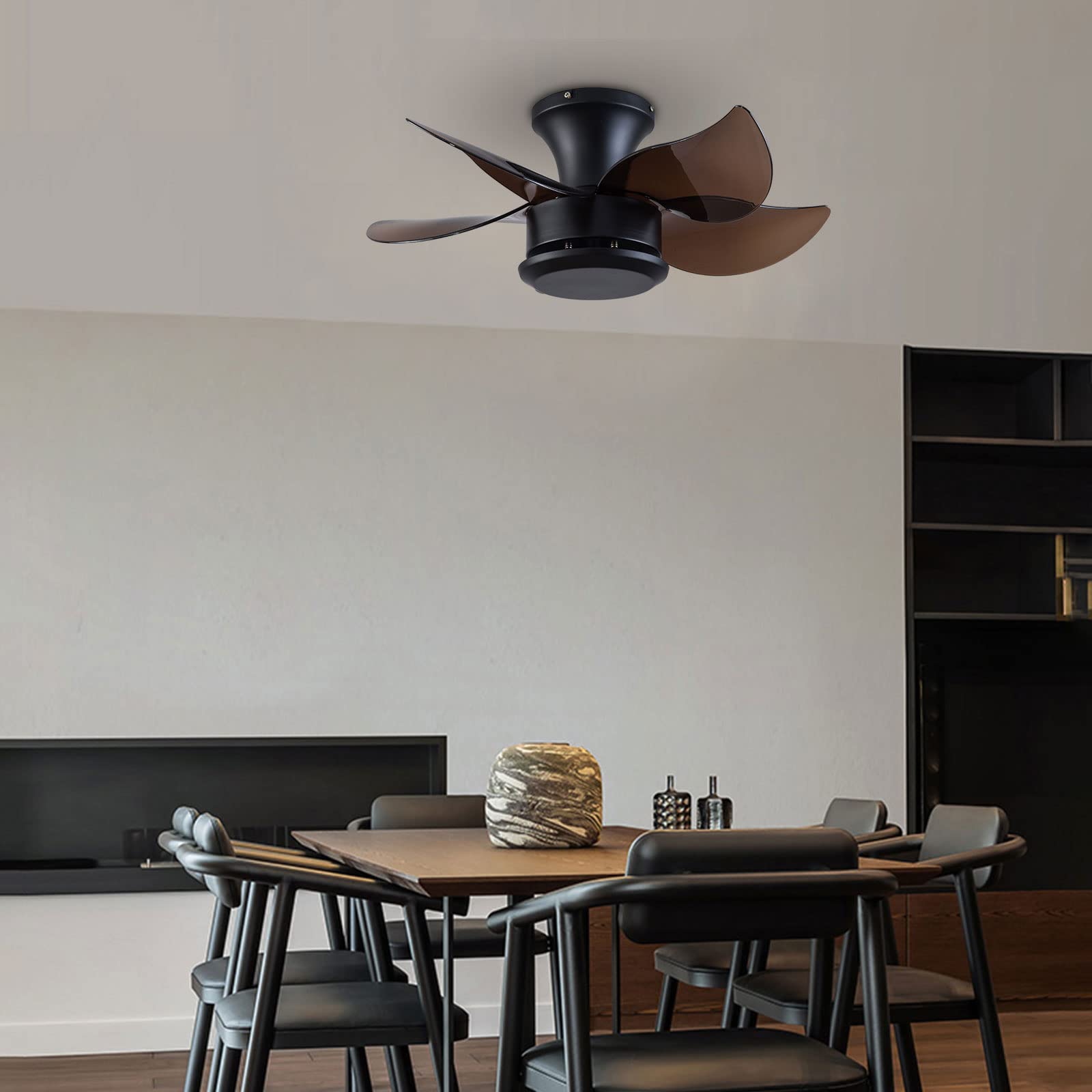 23in Modern Black Low Profile Flush Mount Ceiling Fan with Lights & Remote Control - 5 Reversible Blades, 3 Color Dimmable LED, 6 Speed Settings & Timer - 36-48W Energy Efficient Indoor Ceiling Fan for Bedroom, Living Room & Office Spaces