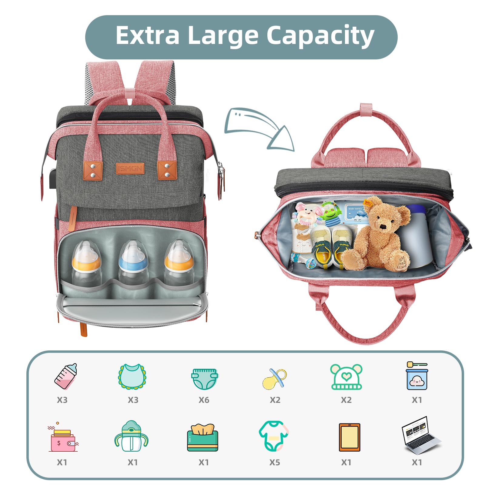 Premium Diaper Bag Backpack with Insulated Bottle Pockets & Foldable Changing Station - Large Waterproof Baby Diaper Bag for Moms, Multifunctional Travel Organizer (Pink Gray) - Perfect for Daycare, Travel & On-the-Go Parenting