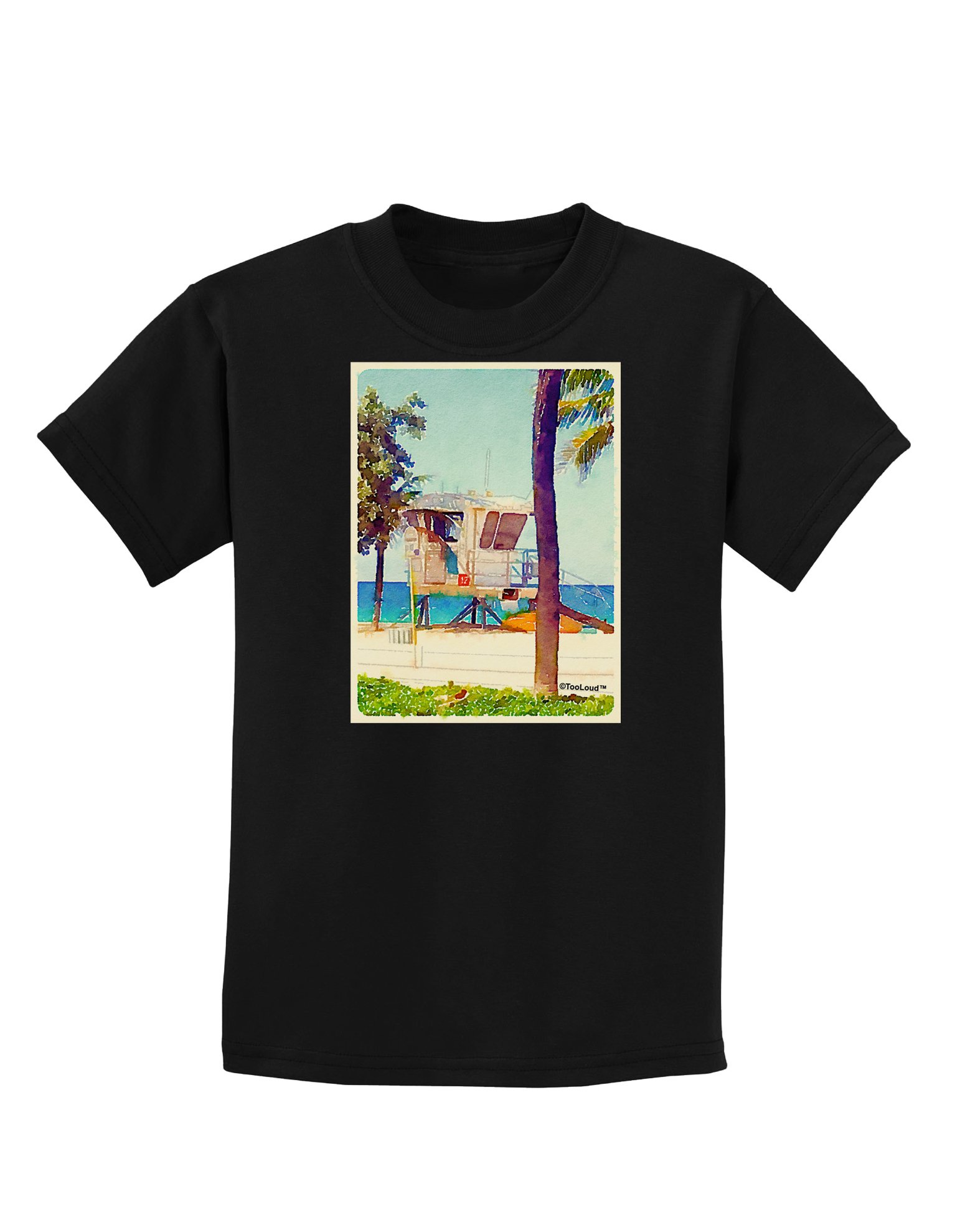 TooLoud Lifeguard Station Watercolor Design Kids Dark T-Shirt - Perfect for Beach Outings, Pool Parties & Summer Camp