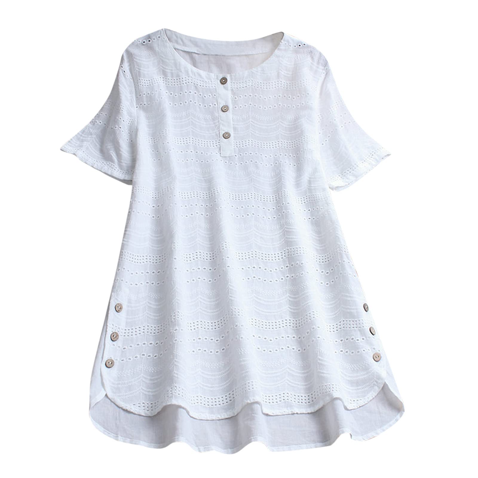 FMCHICO Women's Button V Neck Lace Crochet Tops - Short Sleeve Casual Blouse for Summer, Beach, and Boho Style Outfits | Perfect for Date Night, Vacation, and Everyday Wear