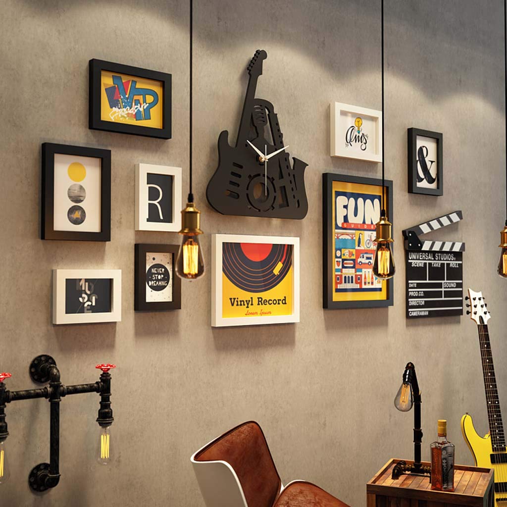 Musical Element Solid Wood Photo Wall Display - Decorative Painting & Photo Frame Set with Rock Real Clock, 9 Frames & 2 Accessories (Black+White) - Perfect for Living Room Decor, Bedroom Wall Art & Home Office Organization