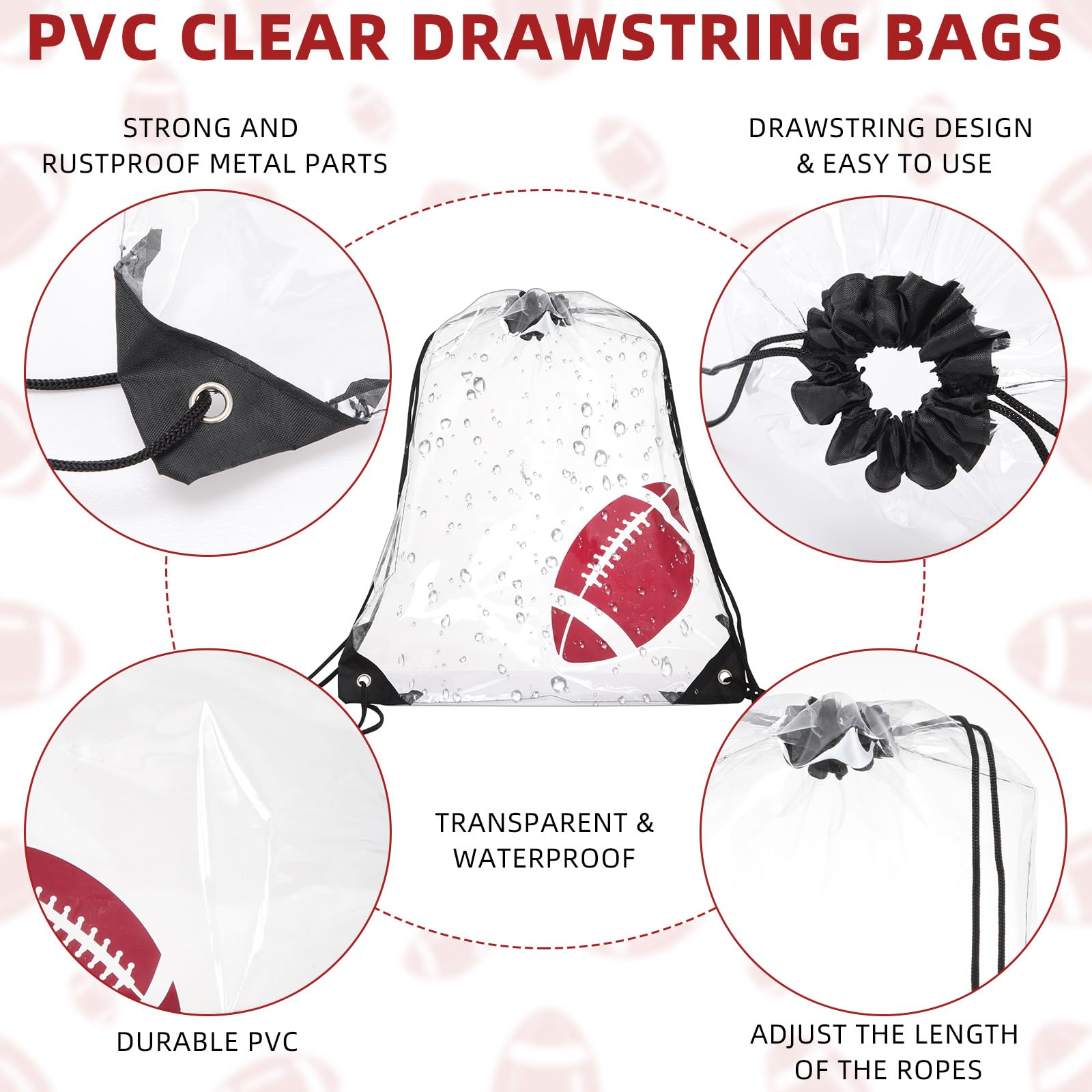12 Pack Clear Football Drawstring Backpacks - 17x13 Inch Waterproof Plastic Sports Bags for Party Favors, Gym & Stadium Events | Team Gifts, Goodie Bags & Game Day Essentials