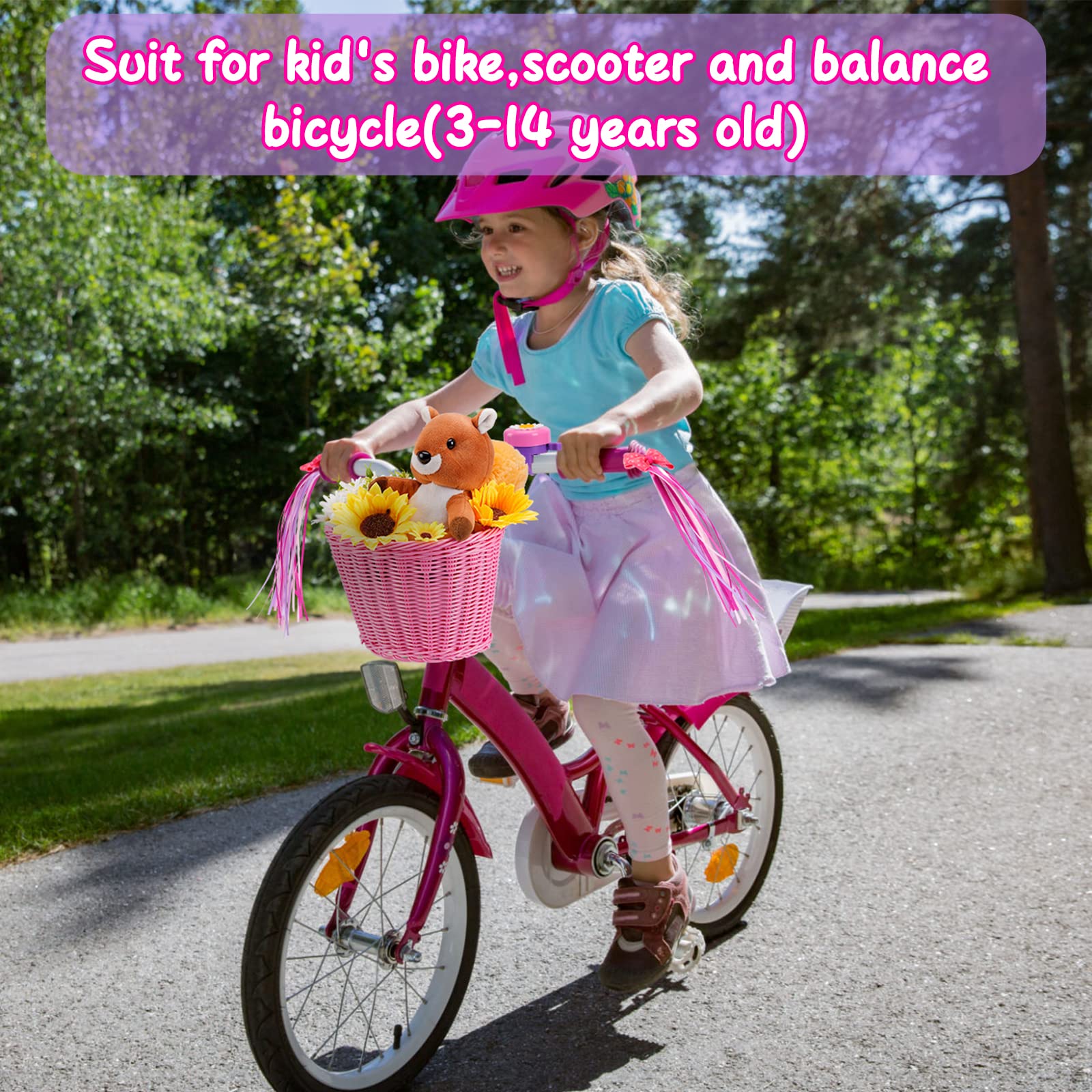 Kids Bike Basket - Front Woven Bicycle Basket with Stickers, Bell, Windmill & Colorful Ribbon Tassels for Boys & Girls - Perfect for School Commutes, Park Rides & Neighborhood Adventures