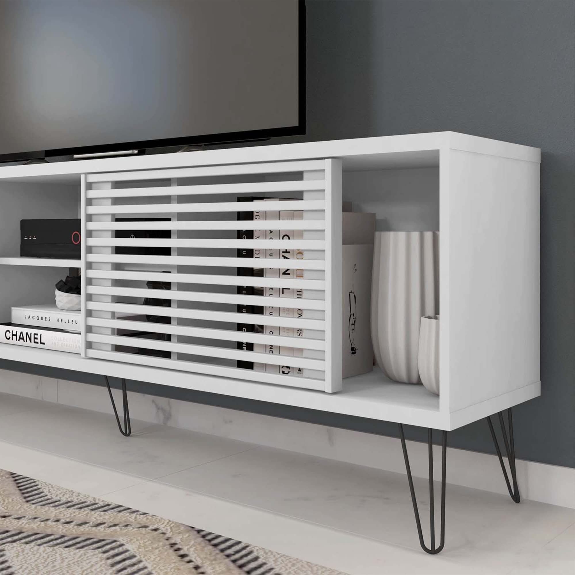 Better Home Products 70 Inch Mid-Century Modern TV Stand - White Wooden Entertainment Center for Living Room, Bedroom & Home Theater
