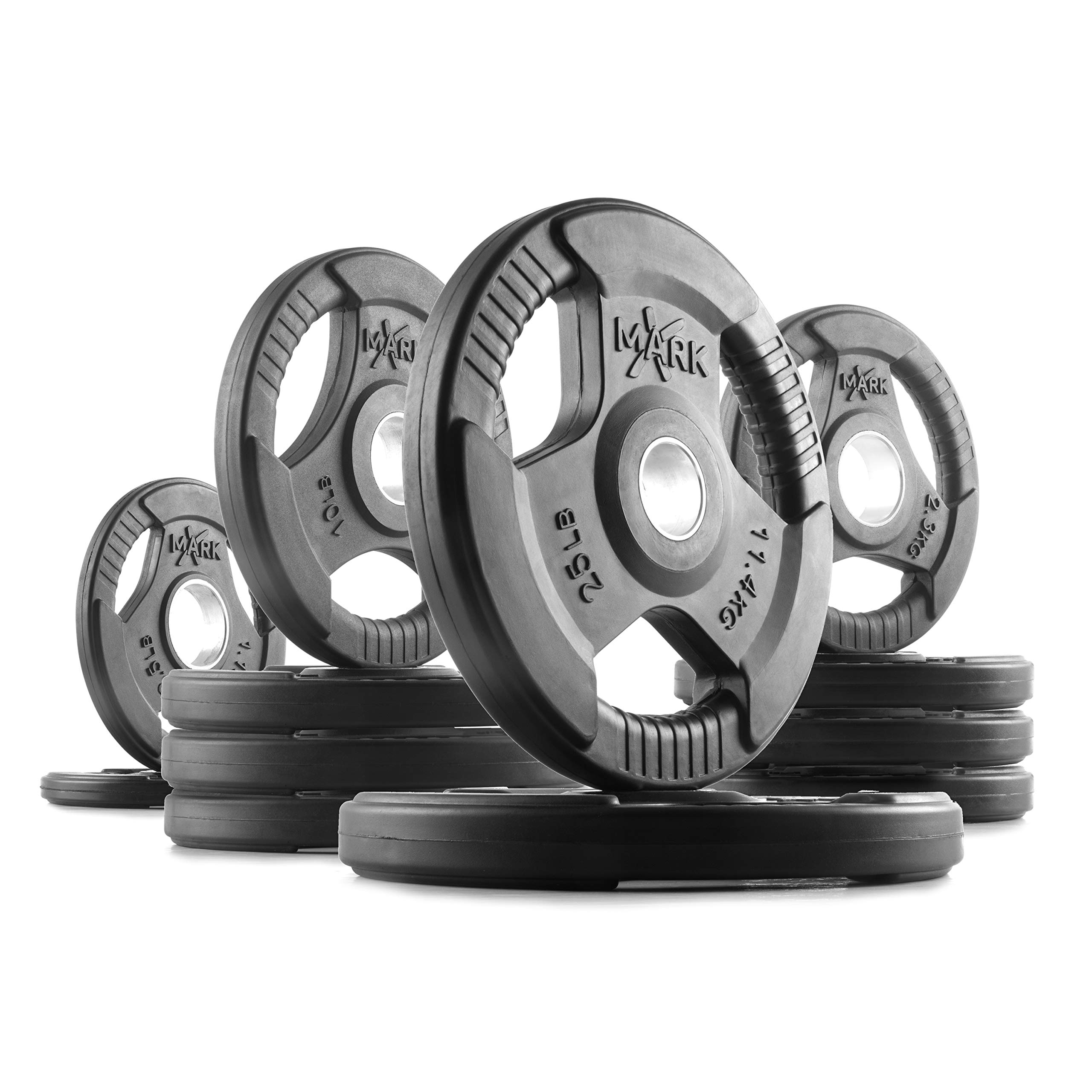 XMARK TRI-GRIP Olympic Weight Plates Set - Rubber Coated Exercise Weights for Olympic Barbell, Strength Training & Home Gym Workouts | Perfect for CrossFit, Powerlifting & Home Fitness Training