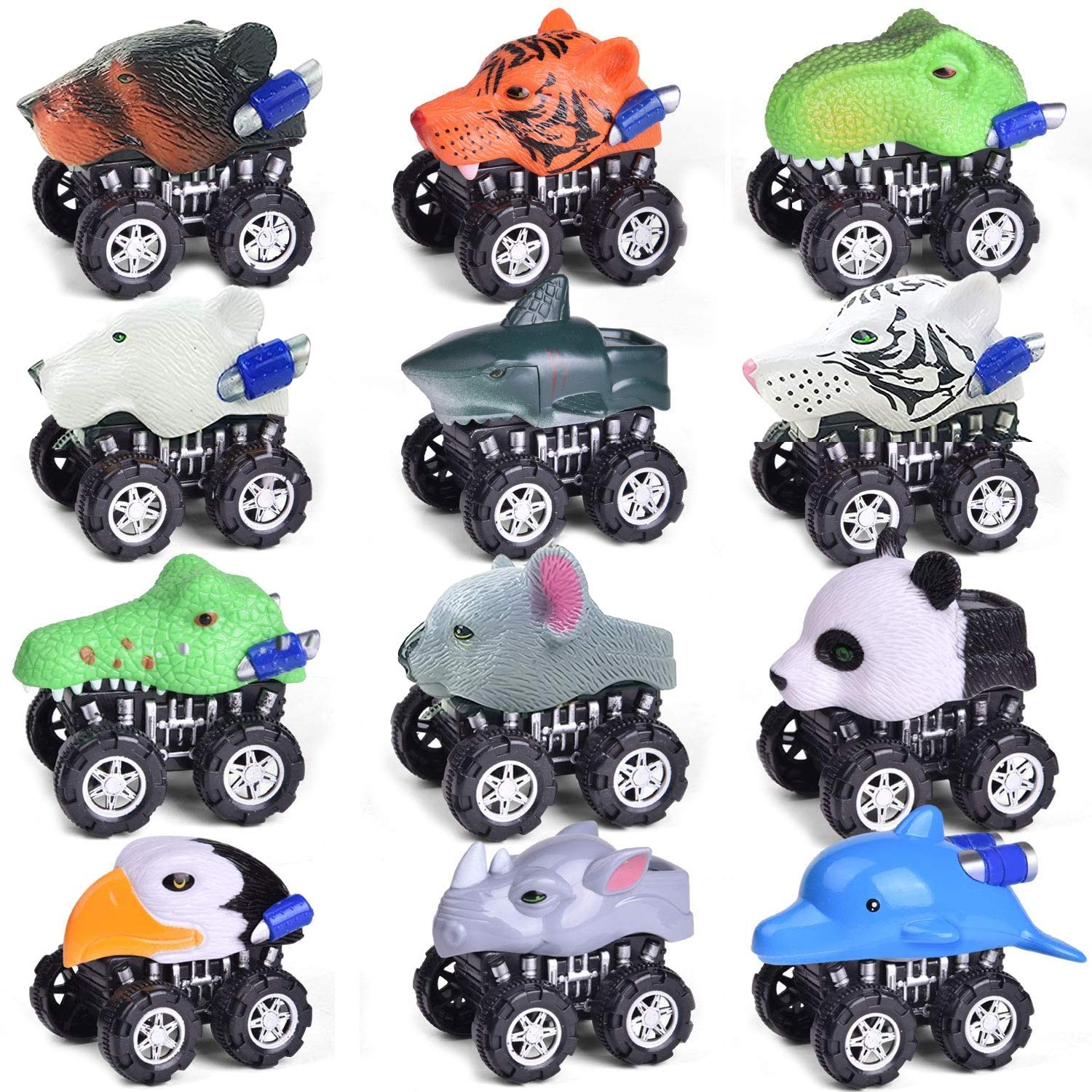 Liberty Imports 12 Pack Monster Truck Pull Back Cars - Large Animal Toy Pullback Racers Vehicles for Kids, Boys & Toddlers - Perfect for Birthday Parties, Playtime & Racing Games