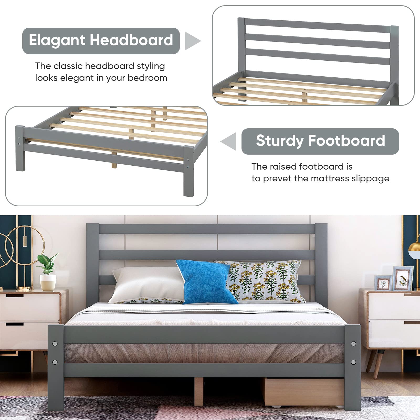 Baysitone Full Size Platform Bed Frame with 2 Storage Drawers & Headboard - 10 Wood Slats Support, 500 lbs Weight Capacity, No Box Spring Needed (Bright Gray) - Perfect for Small Bedrooms, Guest Rooms & Space-Saving Storage Solutions