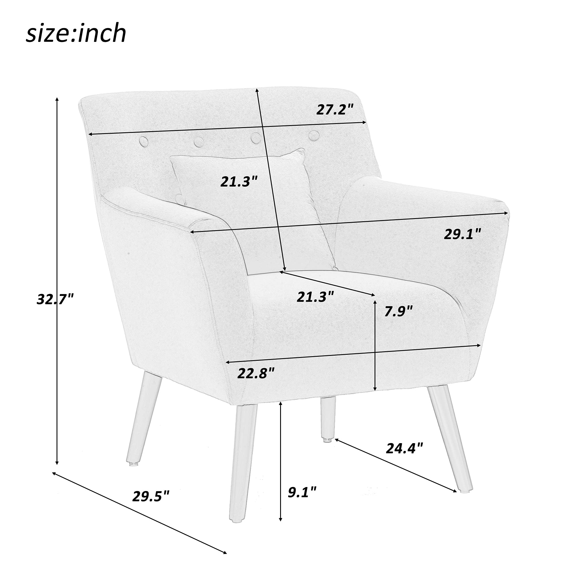 Mid Century Modern Upholstered Accent Chair with Waist Pillow - Solid Wood Legs & Linen Fabric - Stylish Armchair for Living Room, Bedroom, Office - Perfect for Relaxing, Reading & Home Decor (Gray)