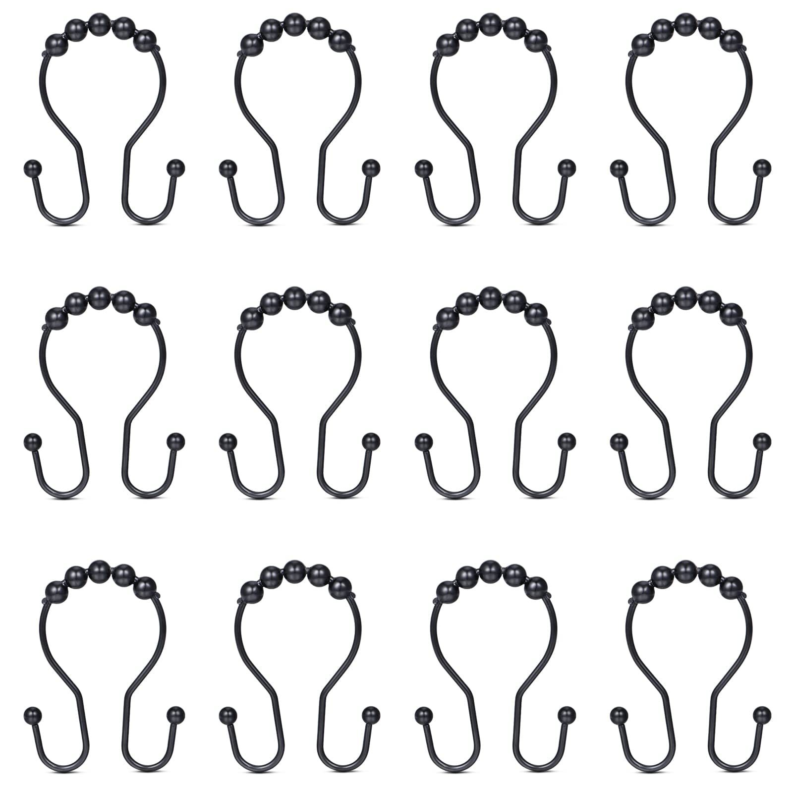 Stainless Steel Black Shower Curtain Hooks Rings - Rust-Resistant Double Shower Curtain Hooks for Bathroom, Heavy Duty Shower Rod Accessories - Perfect for Modern Bathrooms, Hotels, and Dorm Showers