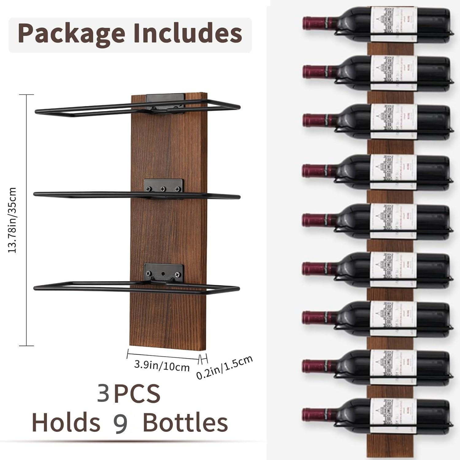 Wall Mounted Wine Rack for 9 Bottles - Bar, Kitchen & Dining Decor