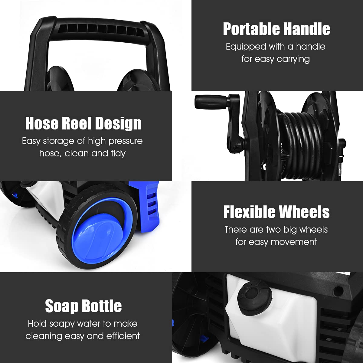 Happytools 3000 PSI Electric Pressure Washer - 2 GPM Portable High-Pressure Power Washer with 5 Quick Connect Nozzles, Hose Reel, Spray Gun & Patio Cleaner - Ideal for Driveway, Deck, Fence & Outdoor Cleaning (Red)