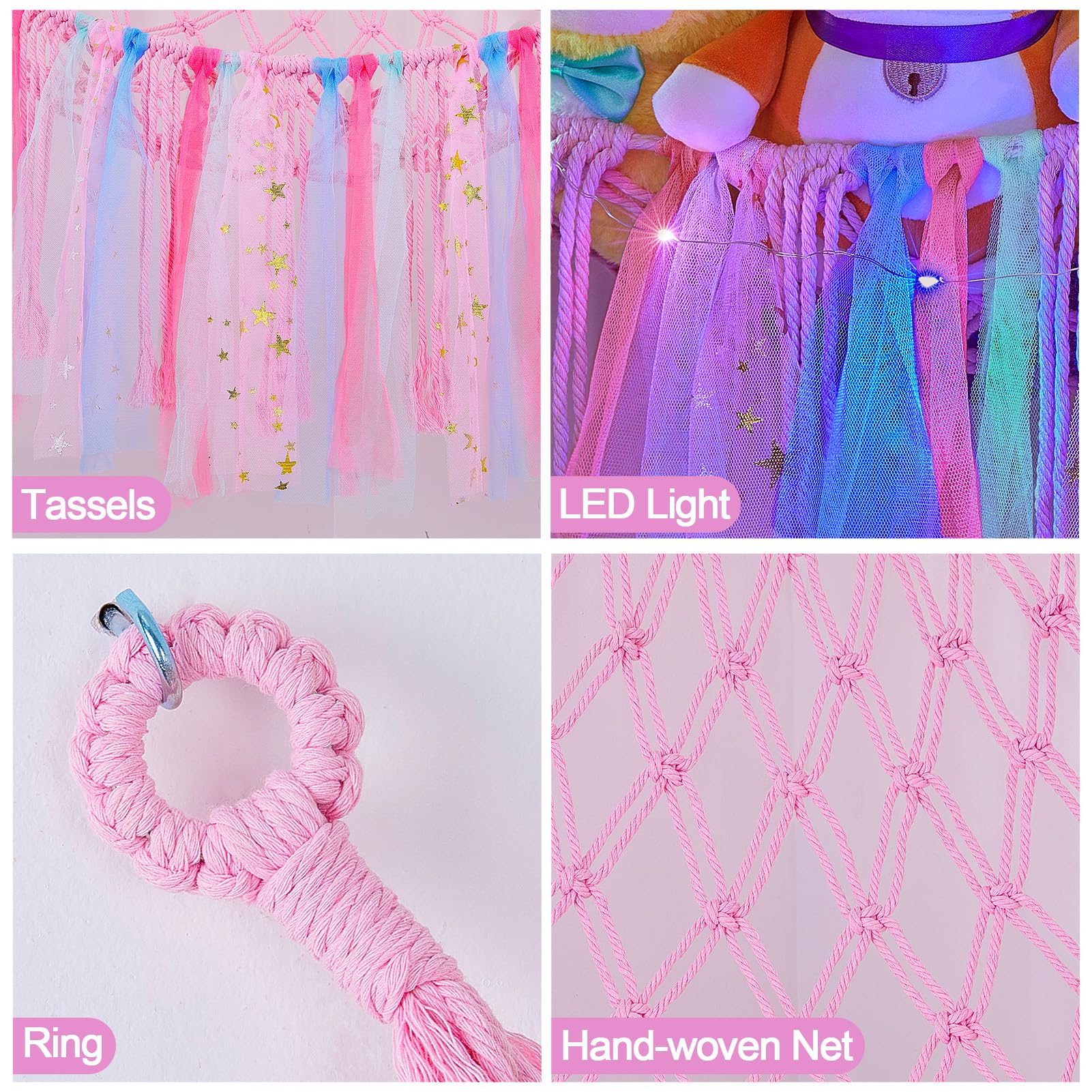 FIOBEE Stuffed Animal Storage Hammock with LED Lights - Hanging Toy Organizer for Kids Bedroom & Nursery Decor - Perfect for Storing Plush Toys, Stuffed Animals & Soft Toys in Style