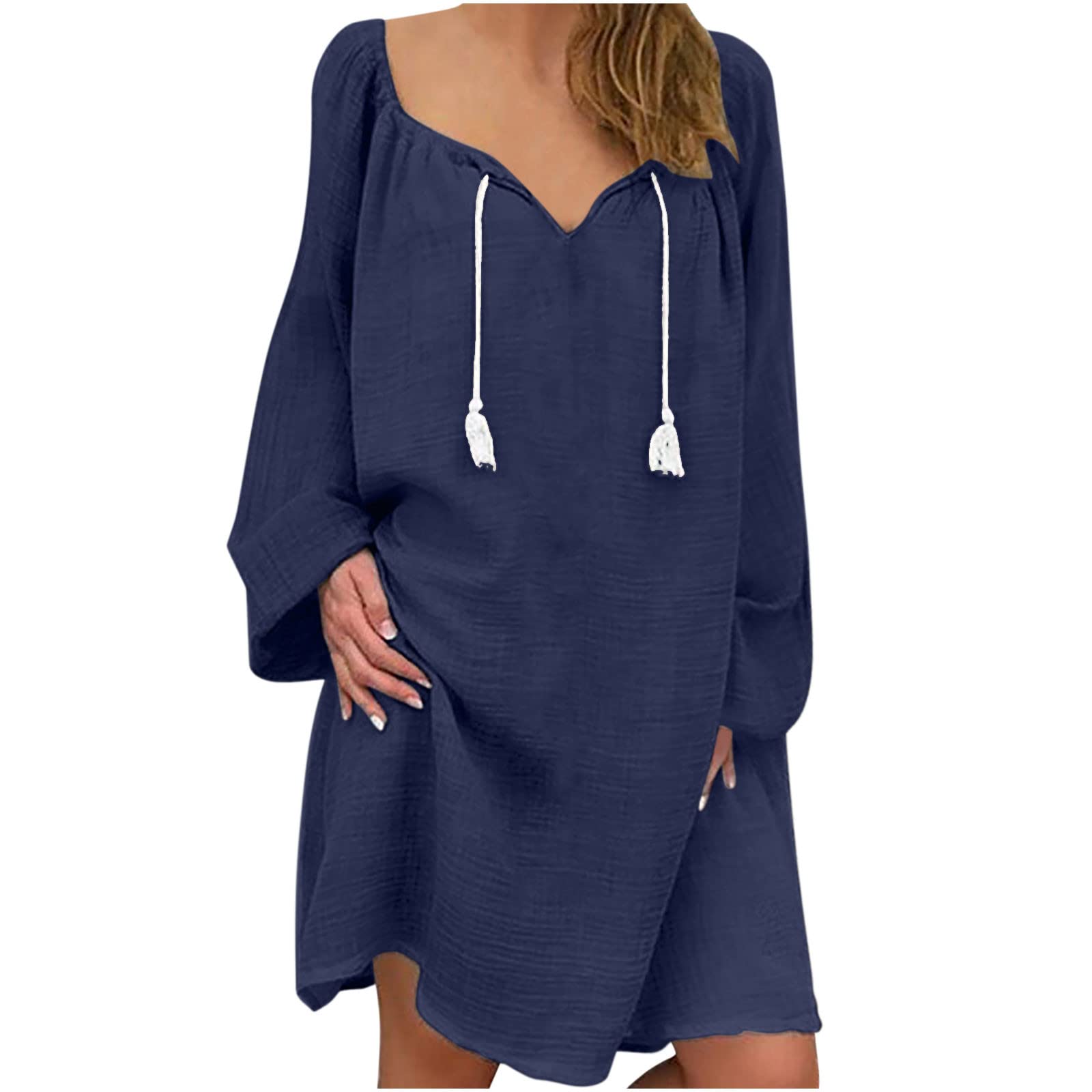 Vintage Women's Casual V-Neck Long Sleeve Loose Fringed Midi Dress - Perfect for Boho Chic Style, Date Night & Office Wear